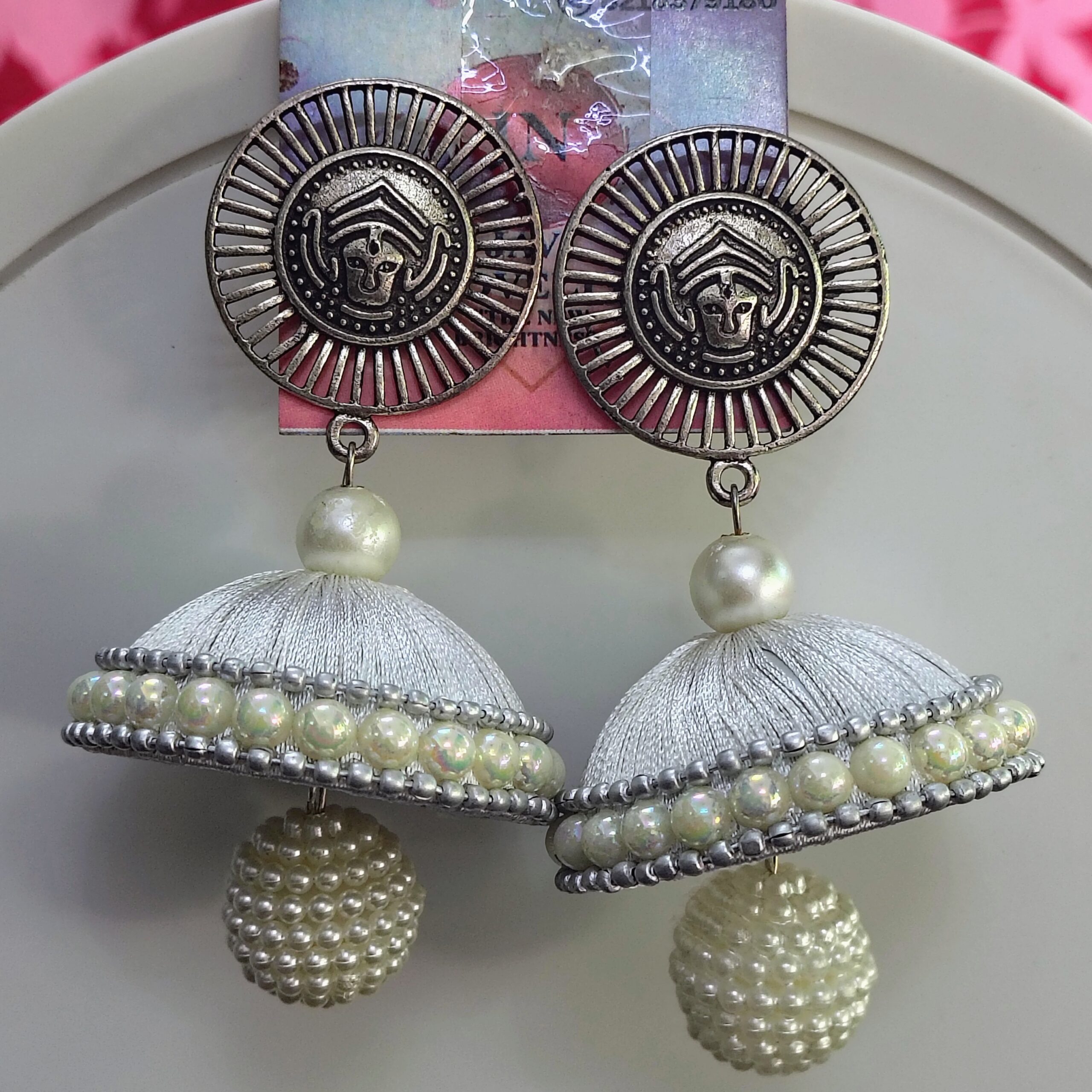 Red Silk Thread Jhumka Earrings with Pearl Beads & Oxidized Silver Stud - Image 4