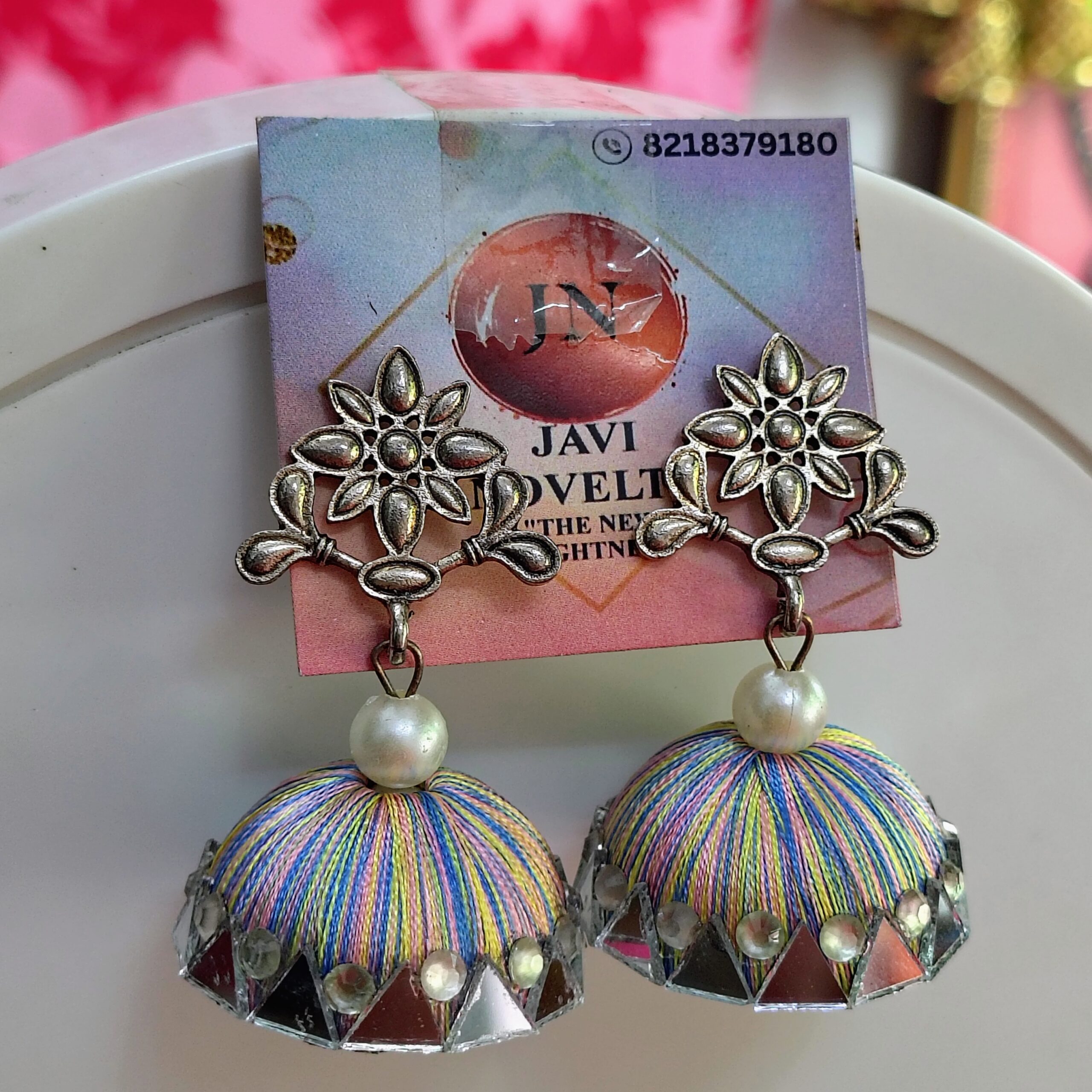 Handcrafted Multicolor Thread Embellished Jhumka Earrings by Javi Novelties - Image 2