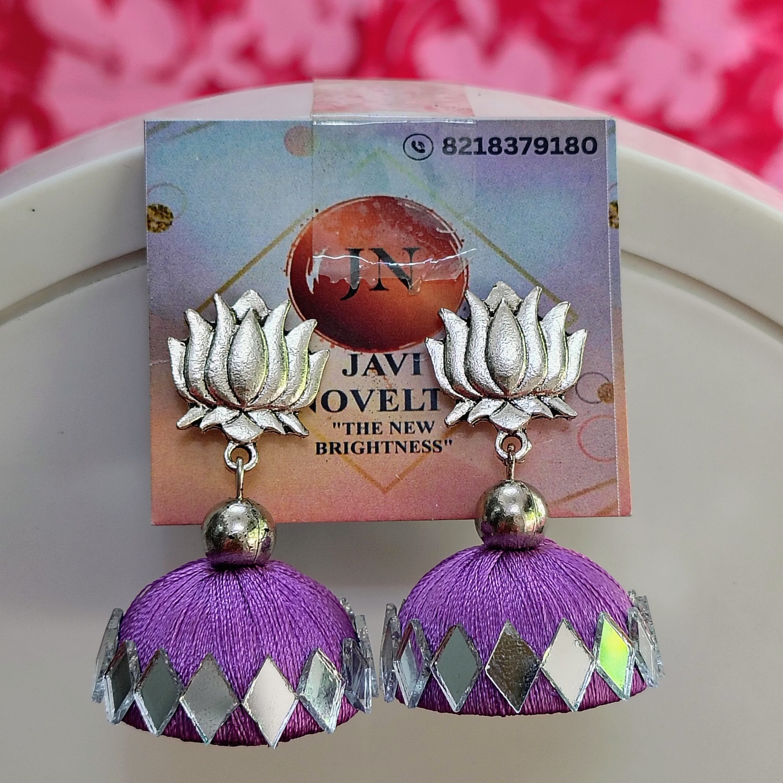 Lavender Lotus Silk Thread Jhumka Earrings with Silver Mirror Work – Javi Novelty, handmade Bareilly Wale jhumke