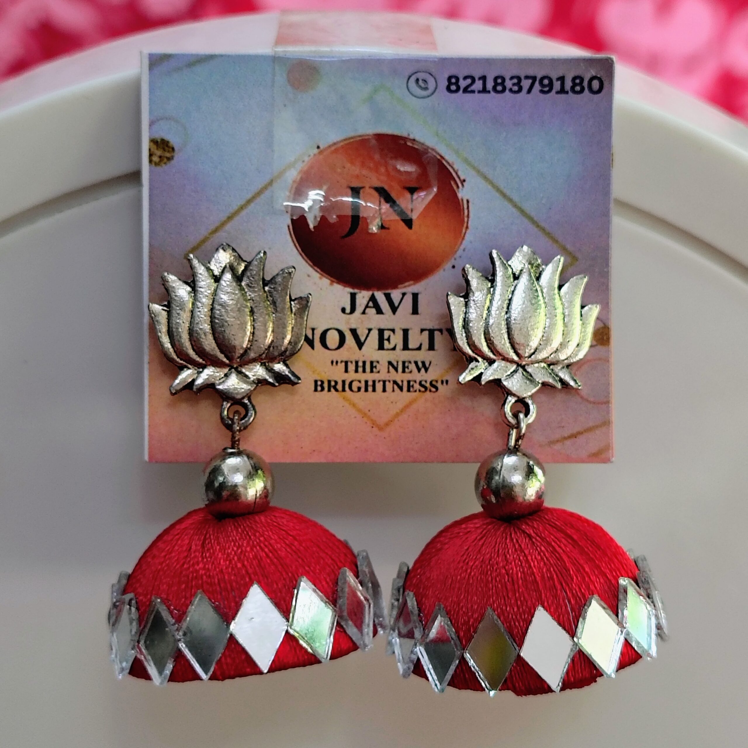 Lavender Lotus Silk Thread Jhumka Earrings with Silver Mirror Work – Javi Novelty, handmade Bareilly Wale jhumke - Image 3