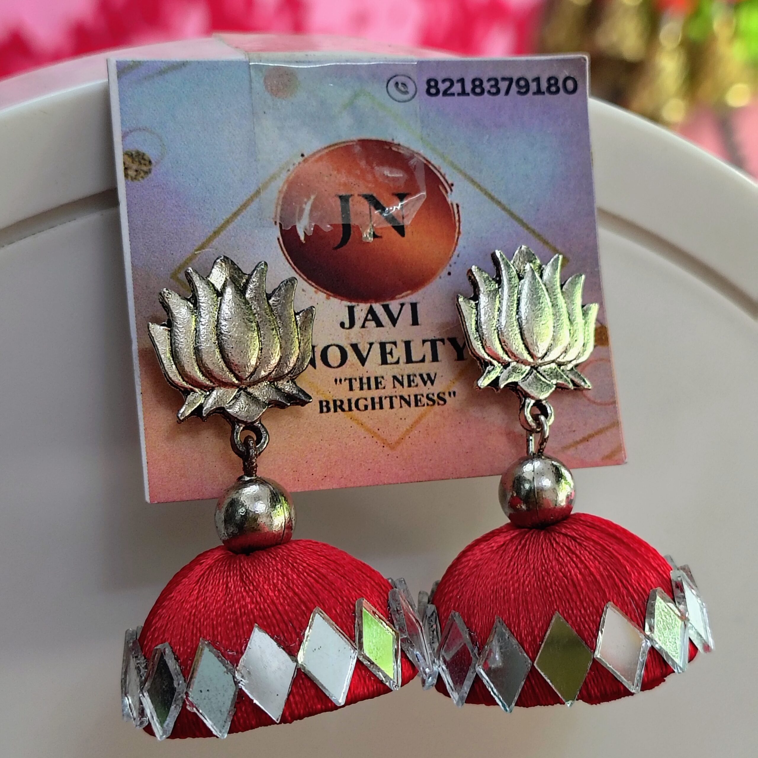 Lavender Lotus Silk Thread Jhumka Earrings with Silver Mirror Work – Javi Novelty, handmade Bareilly Wale jhumke - Image 2