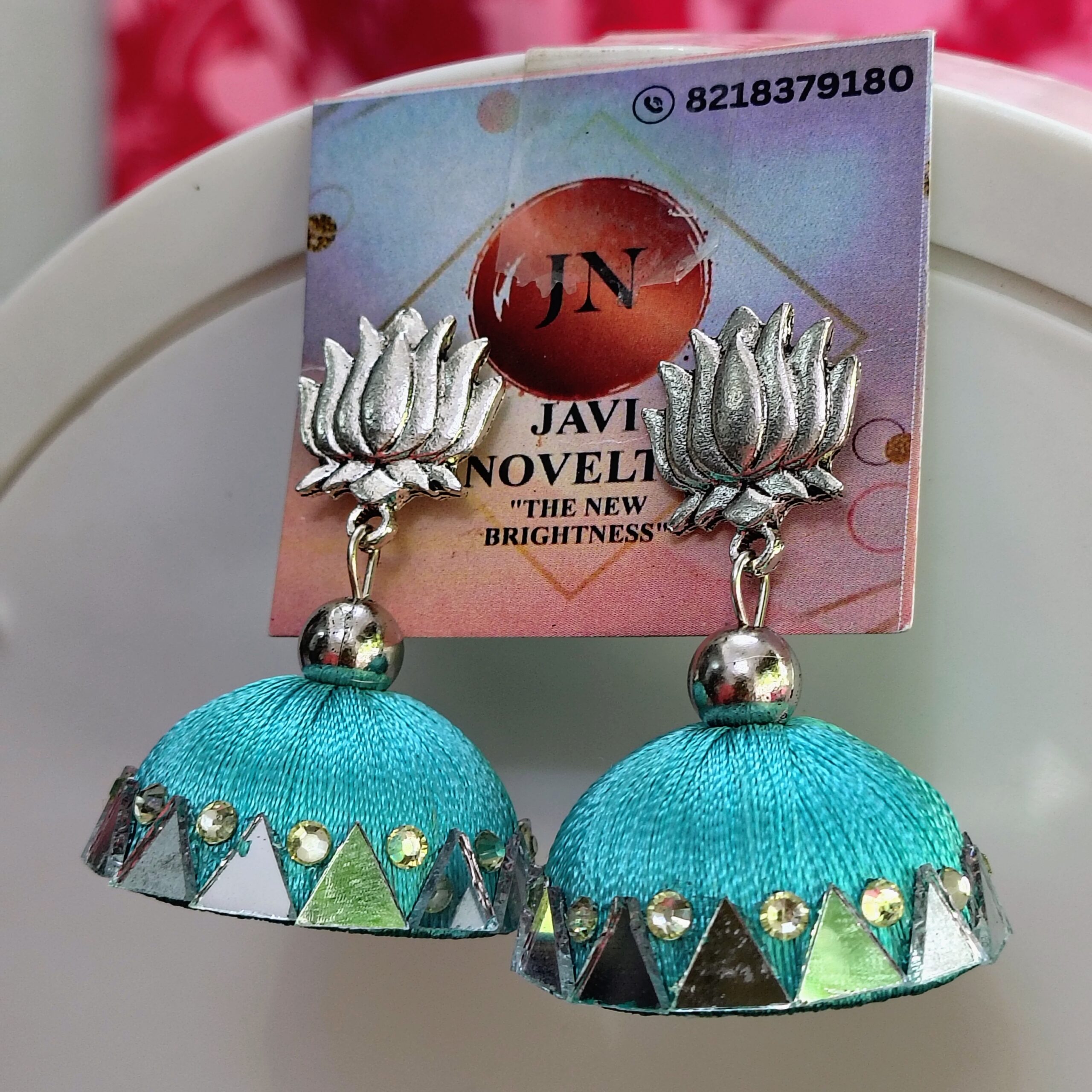 Black Silk Thread Jhumka Earrings with Silver Lotus Motif and Mirror Work — Javi Novelty, handmade Bareilly Wale jhumke - Image 2