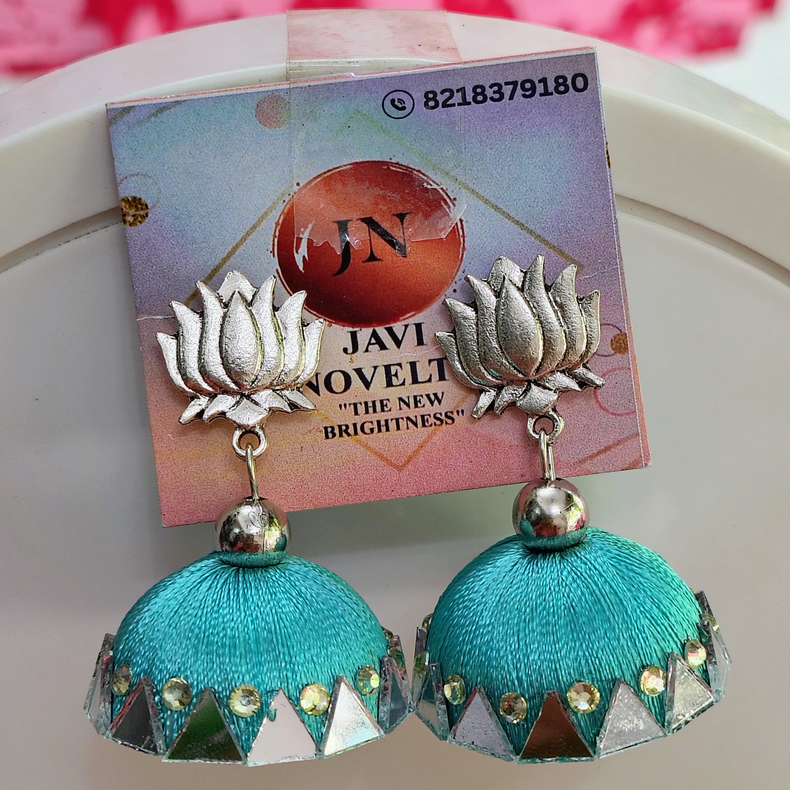 Black Silk Thread Jhumka Earrings with Silver Lotus Motif and Mirror Work — Javi Novelty, handmade Bareilly Wale jhumke - Image 4