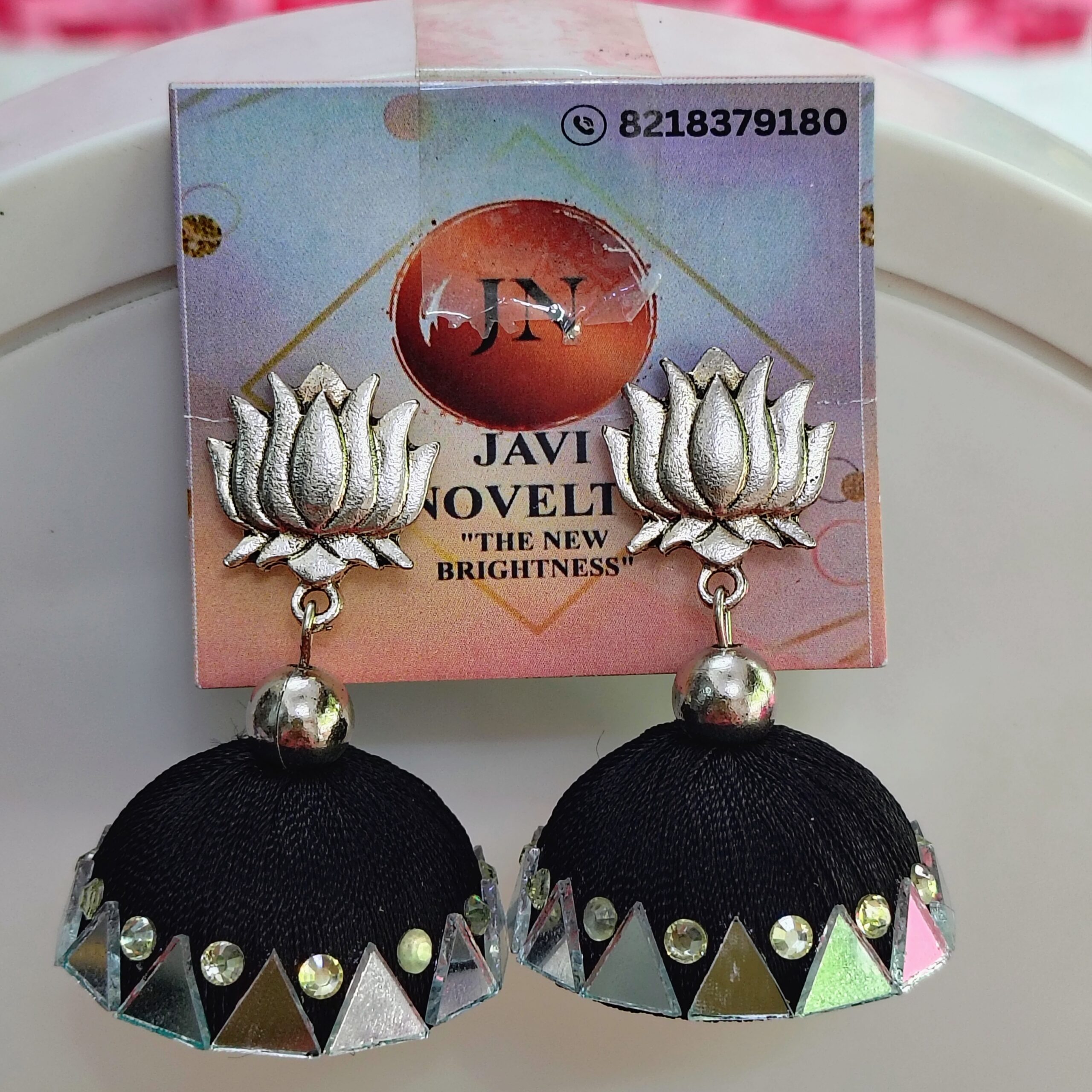 Black Silk Thread Jhumka Earrings with Silver Lotus Motif and Mirror Work — Javi Novelty, handmade Bareilly Wale jhumke