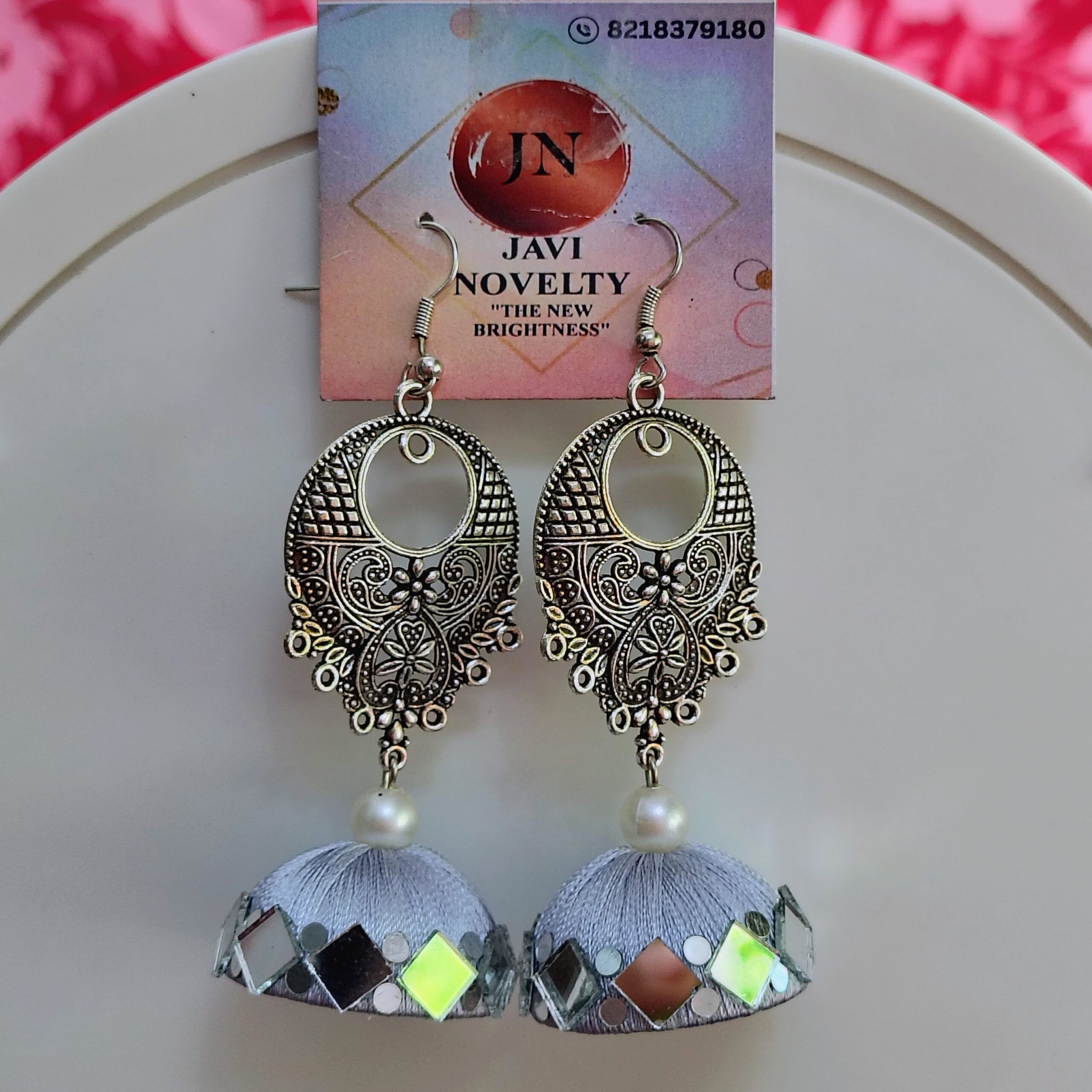White Silk Thread Jhumka Earrings with Antique Silver Filigree & Mirror Work – Javi Novelty, handmade Bareilly Wale jhumke - Image 5
