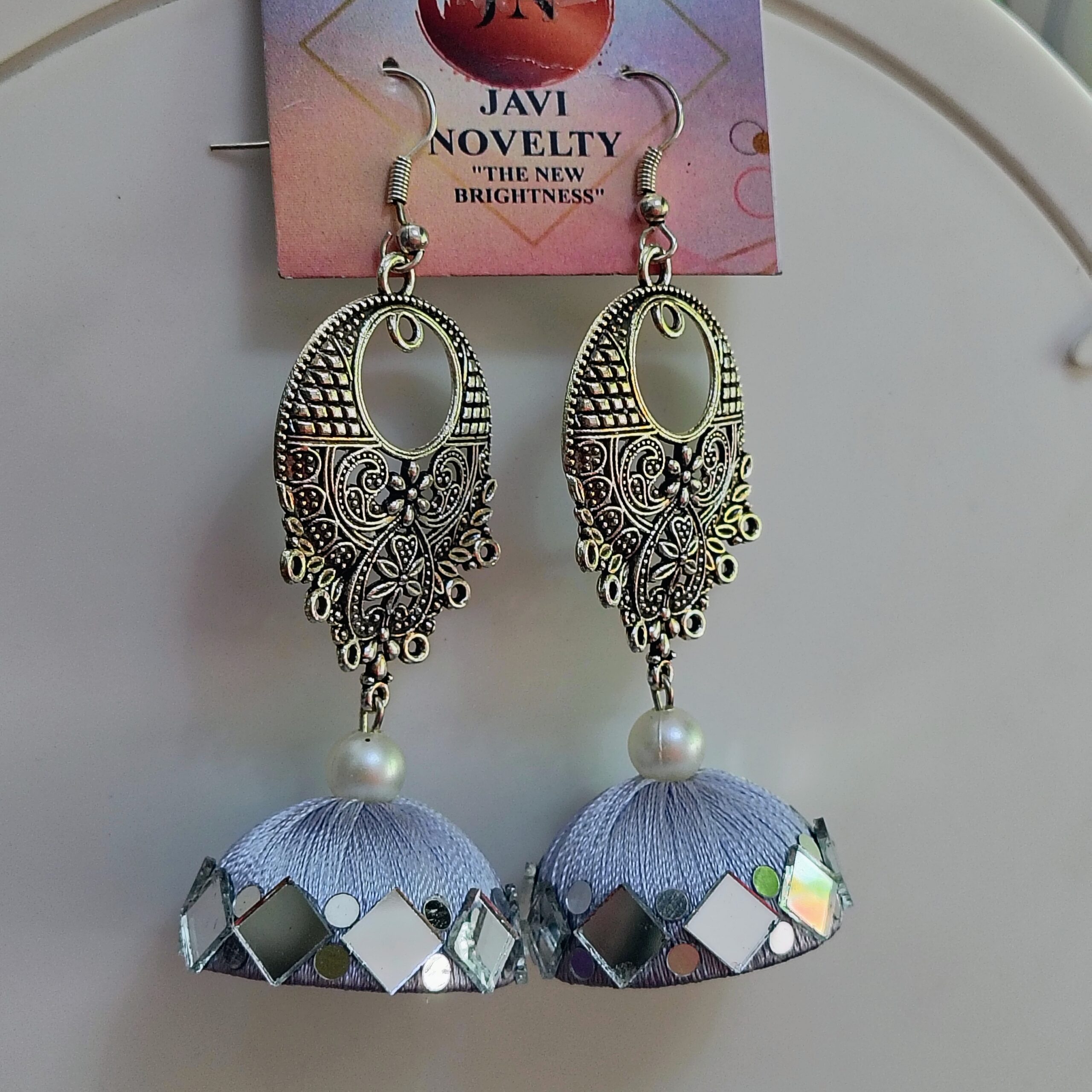 White Silk Thread Jhumka Earrings with Antique Silver Filigree & Mirror Work – Javi Novelty, handmade Bareilly Wale jhumke - Image 2