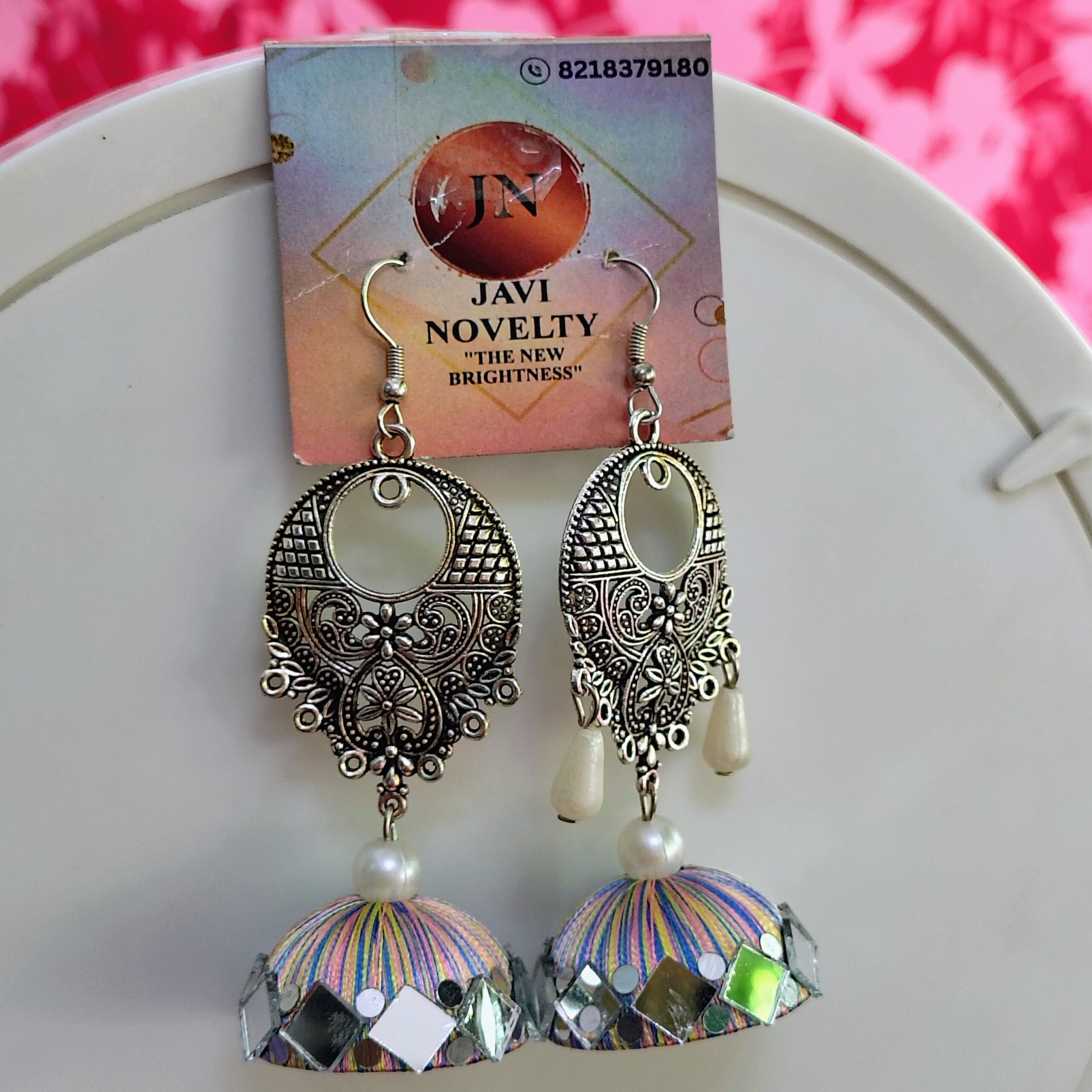 White Silk Thread Jhumka Earrings with Antique Silver Filigree & Mirror Work – Javi Novelty, handmade Bareilly Wale jhumke - Image 3