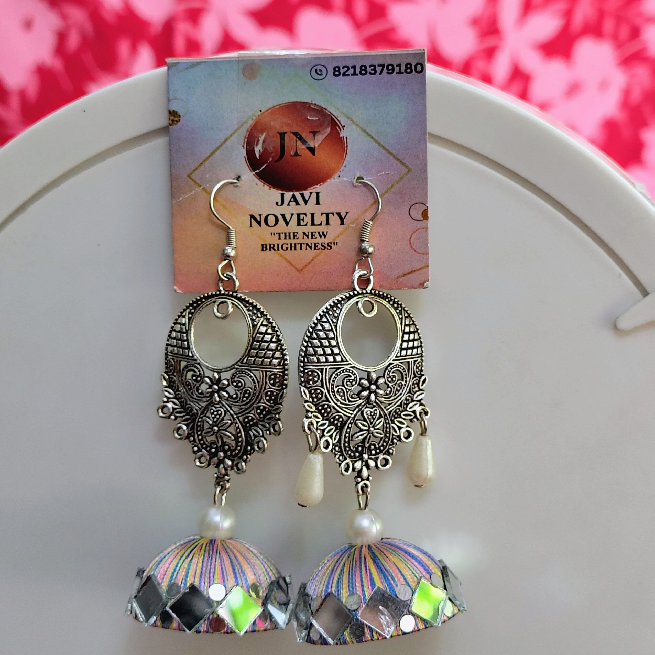White Silk Thread Jhumka Earrings with Antique Silver Filigree & Mirror Work – Javi Novelty, handmade Bareilly Wale jhumke - Image 6