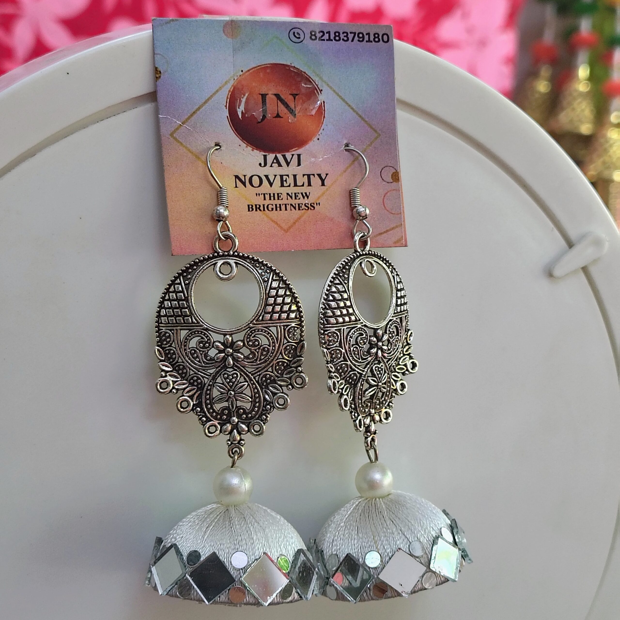 White Silk Thread Jhumka Earrings with Antique Silver Filigree & Mirror Work – Javi Novelty, handmade Bareilly Wale jhumke - Image 4