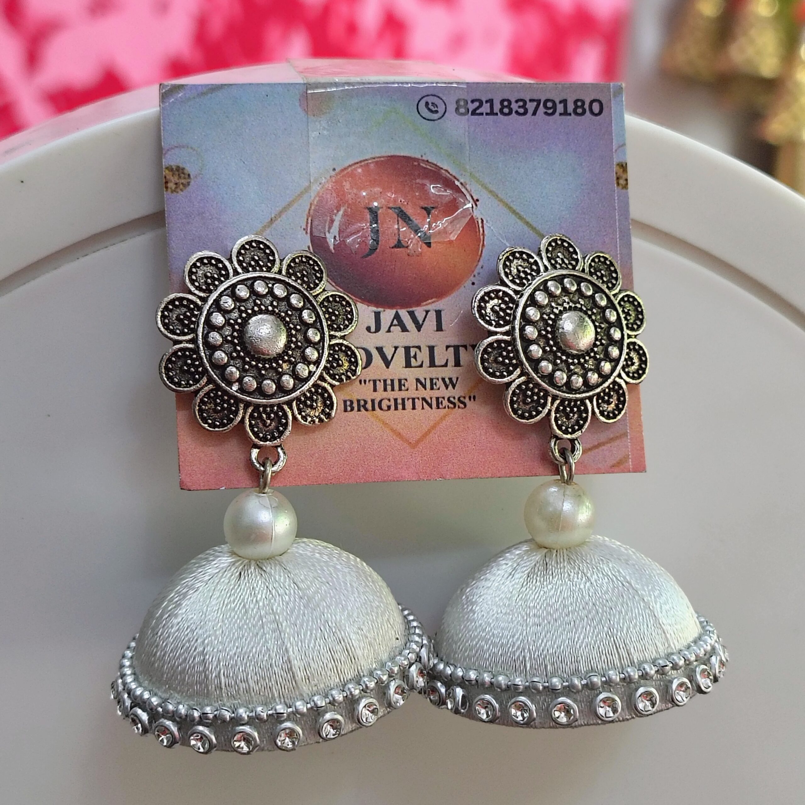 Antique Floral Majesty Silver Pearl Jhumka Earrings – Javi Novelties - Image 3