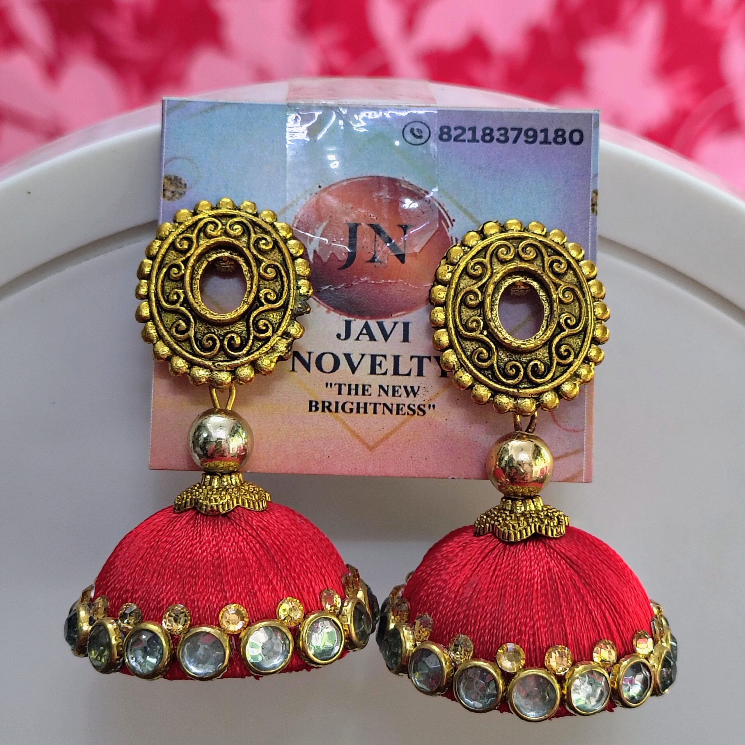 Royal Red Silk Thread Jhumka Earrings with Antique Gold Finish & Crystal Accents – Javi Novelty, handmade Bareilly Wale jhumke