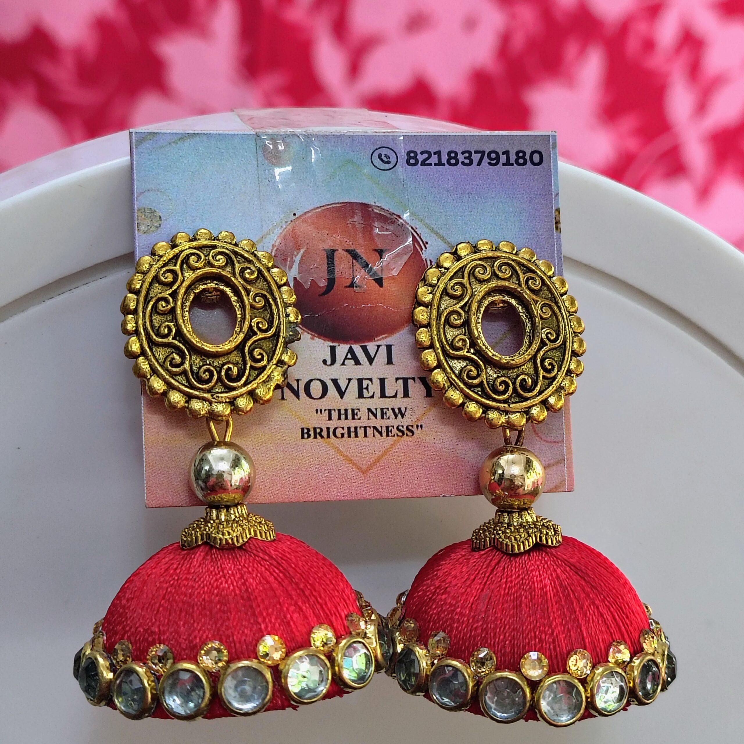 Royal Red Silk Thread Jhumka Earrings with Antique Gold Finish & Crystal Accents – Javi Novelty, handmade Bareilly Wale jhumke - Image 4