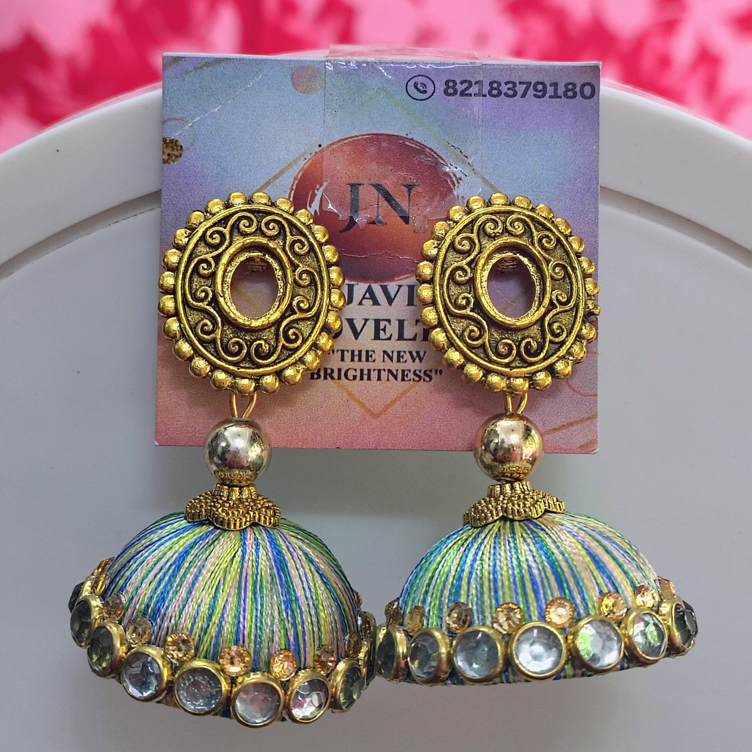 Royal Red Silk Thread Jhumka Earrings with Antique Gold Finish & Crystal Accents – Javi Novelty, handmade Bareilly Wale jhumke - Image 3
