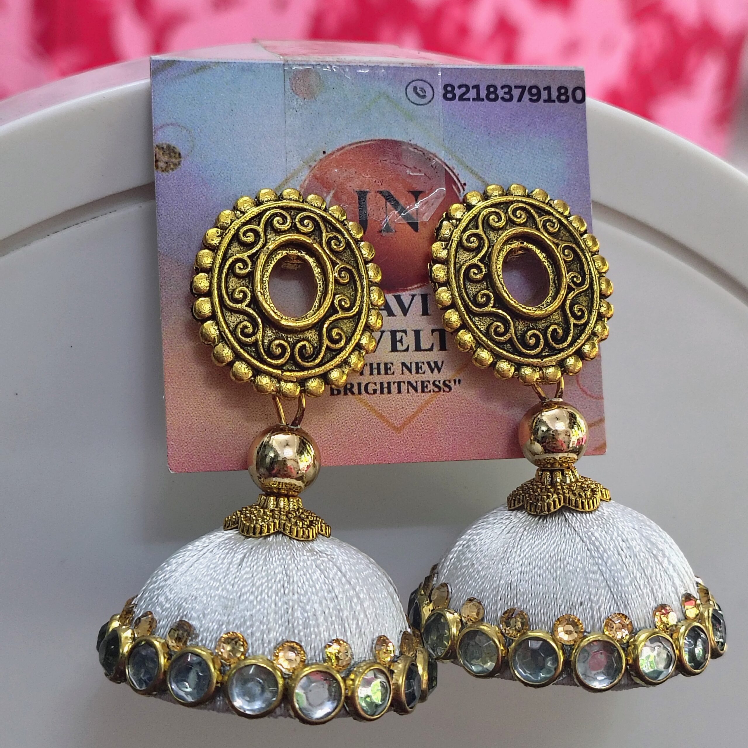 Royal Red Silk Thread Jhumka Earrings with Antique Gold Finish & Crystal Accents – Javi Novelty, handmade Bareilly Wale jhumke - Image 5