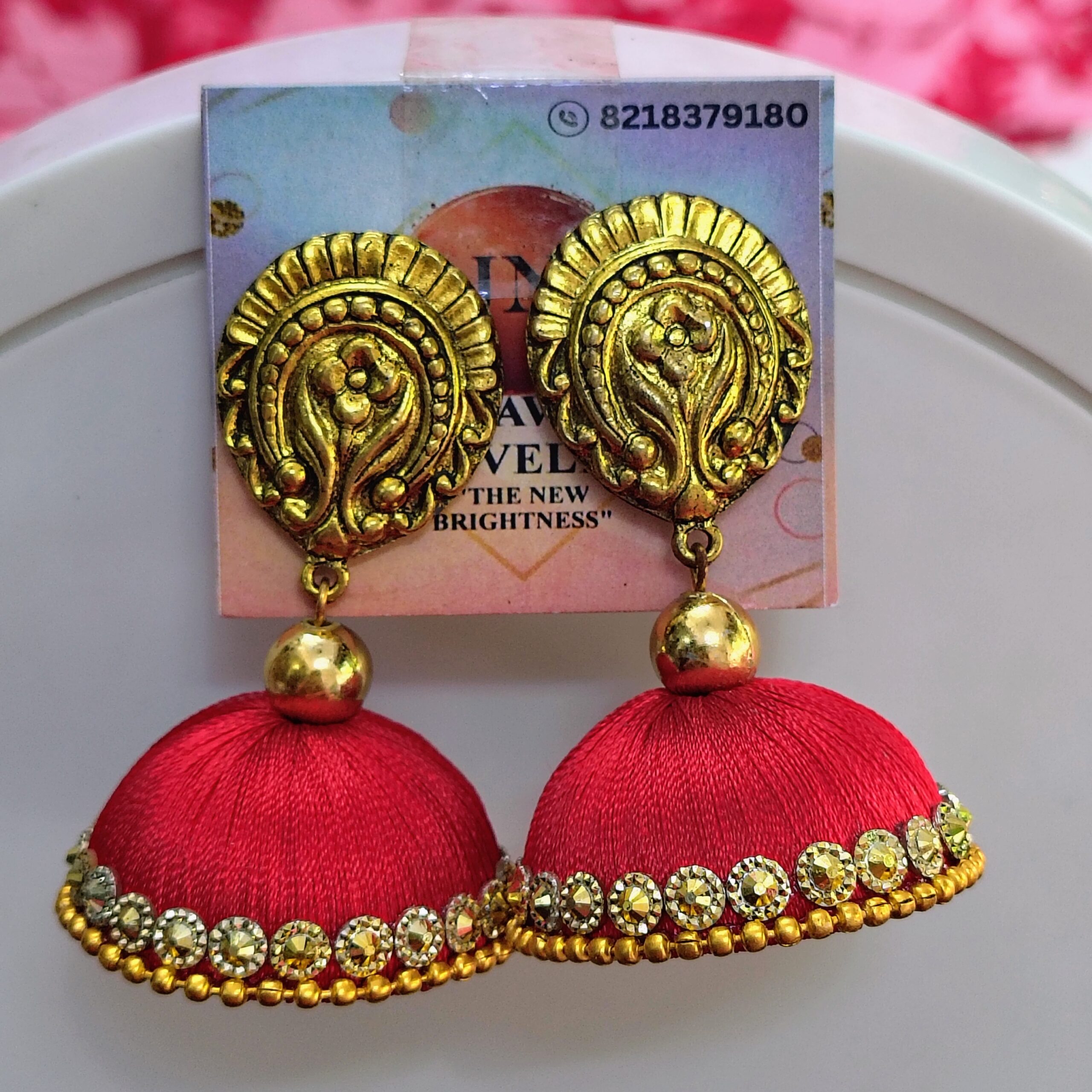 Majestic Maroon Silk Thread Jhumka Earrings with Antique Gold Finish and Stone Embellishments – Javi Novelties handmade Bareilly Wale jhumke - Image 2