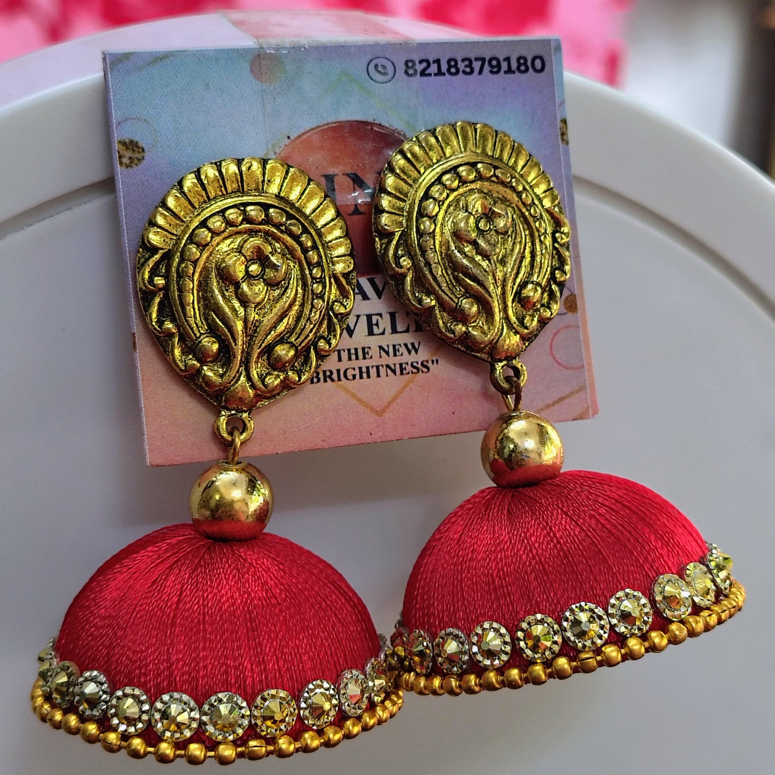 Majestic Maroon Silk Thread Jhumka Earrings with Antique Gold Finish and Stone Embellishments – Javi Novelties handmade Bareilly Wale jhumke - Image 4