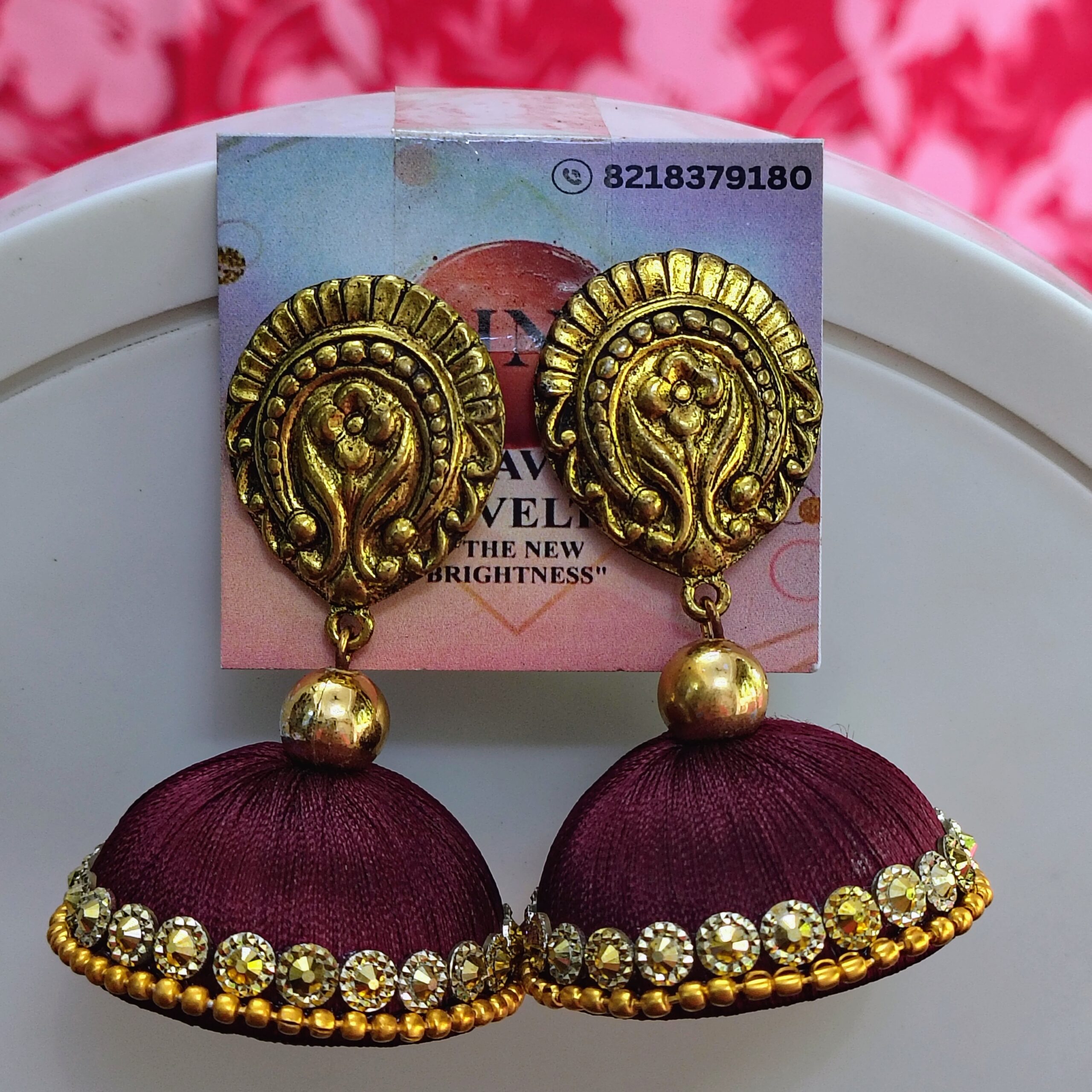 Majestic Maroon Silk Thread Jhumka Earrings with Antique Gold Finish and Stone Embellishments – Javi Novelties handmade Bareilly Wale jhumke