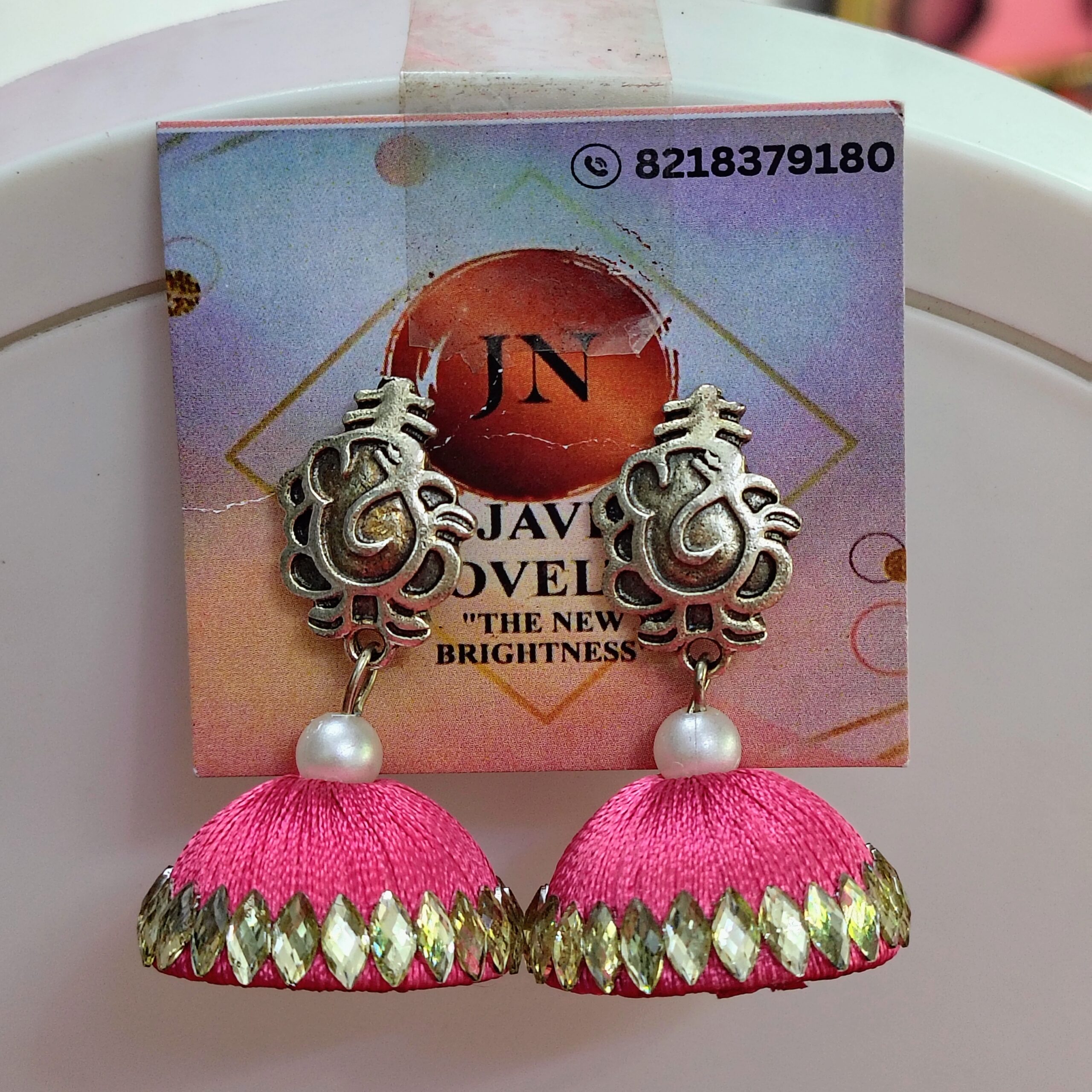 Pink Silk Thread Jhumka Earrings with Antique Gold Finish and Pearl Accent – Javi Novelty, handmade Bareilly Wale jhumke
