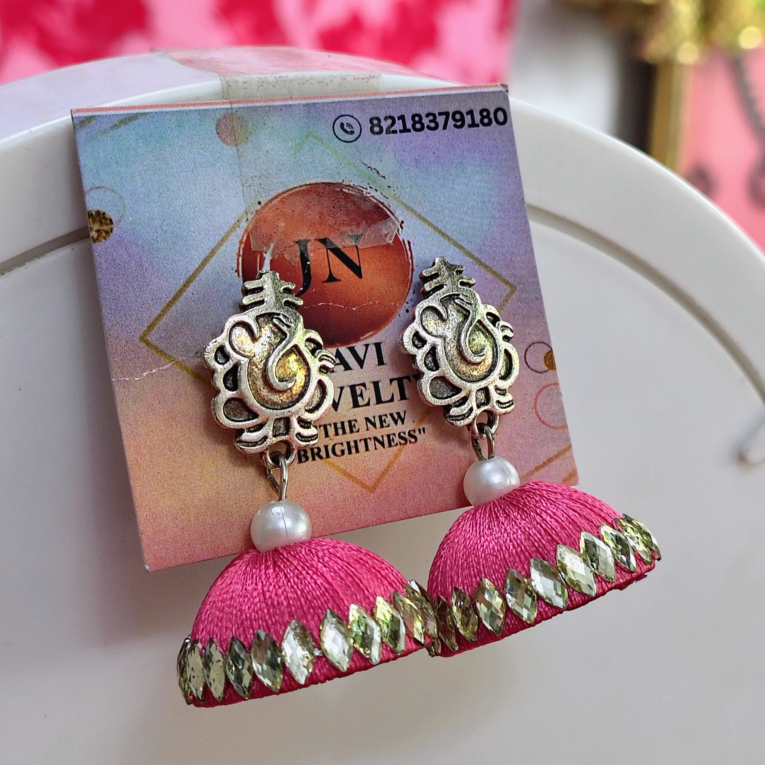 Pink Silk Thread Jhumka Earrings with Antique Gold Finish and Pearl Accent – Javi Novelty, handmade Bareilly Wale jhumke - Image 4