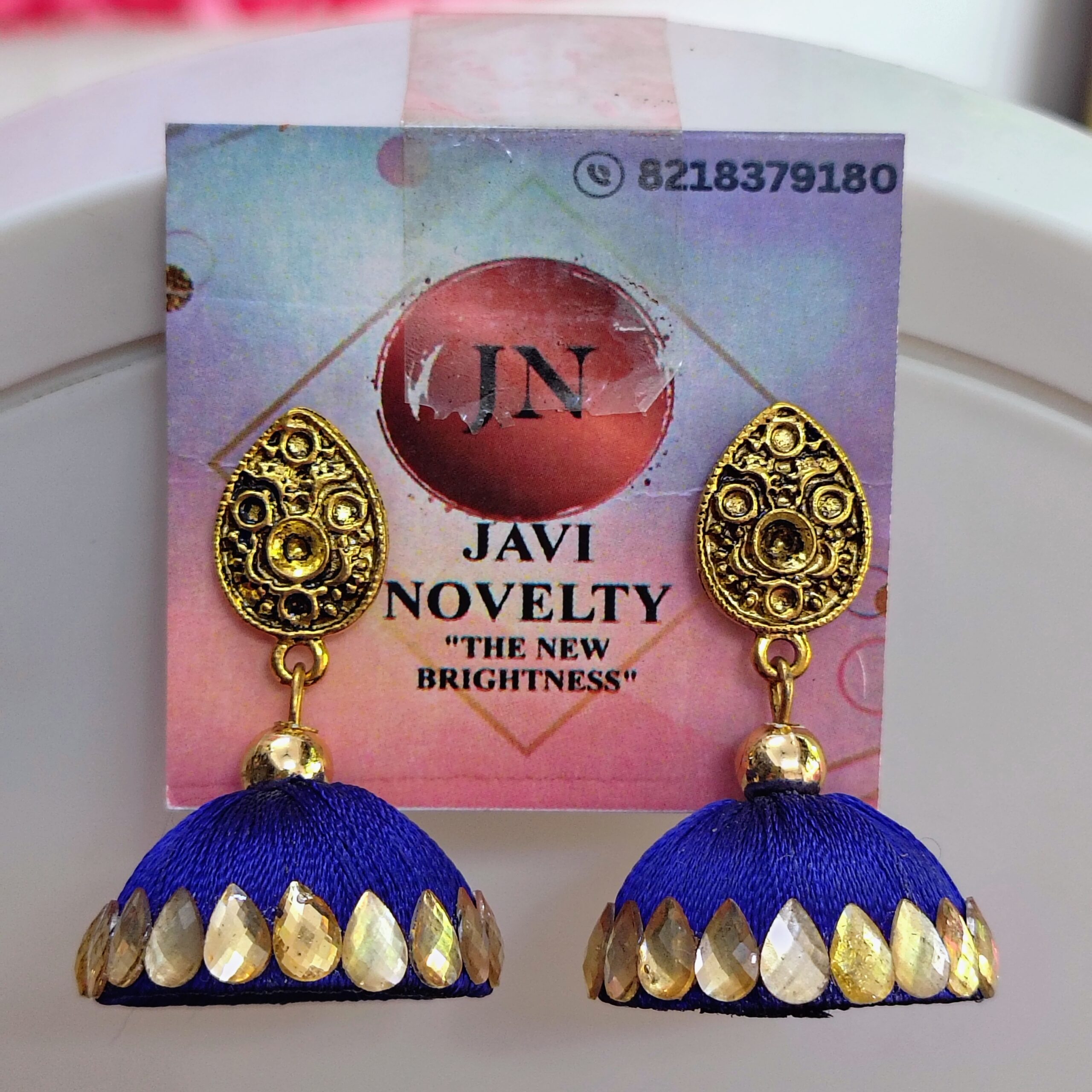 Royal Blue Silk Thread Jhumka Earrings with Ornate Gold Studs & Teardrop Mirrors – Javi Novelty, handmade Bareilly Wale jhumke - Image 3