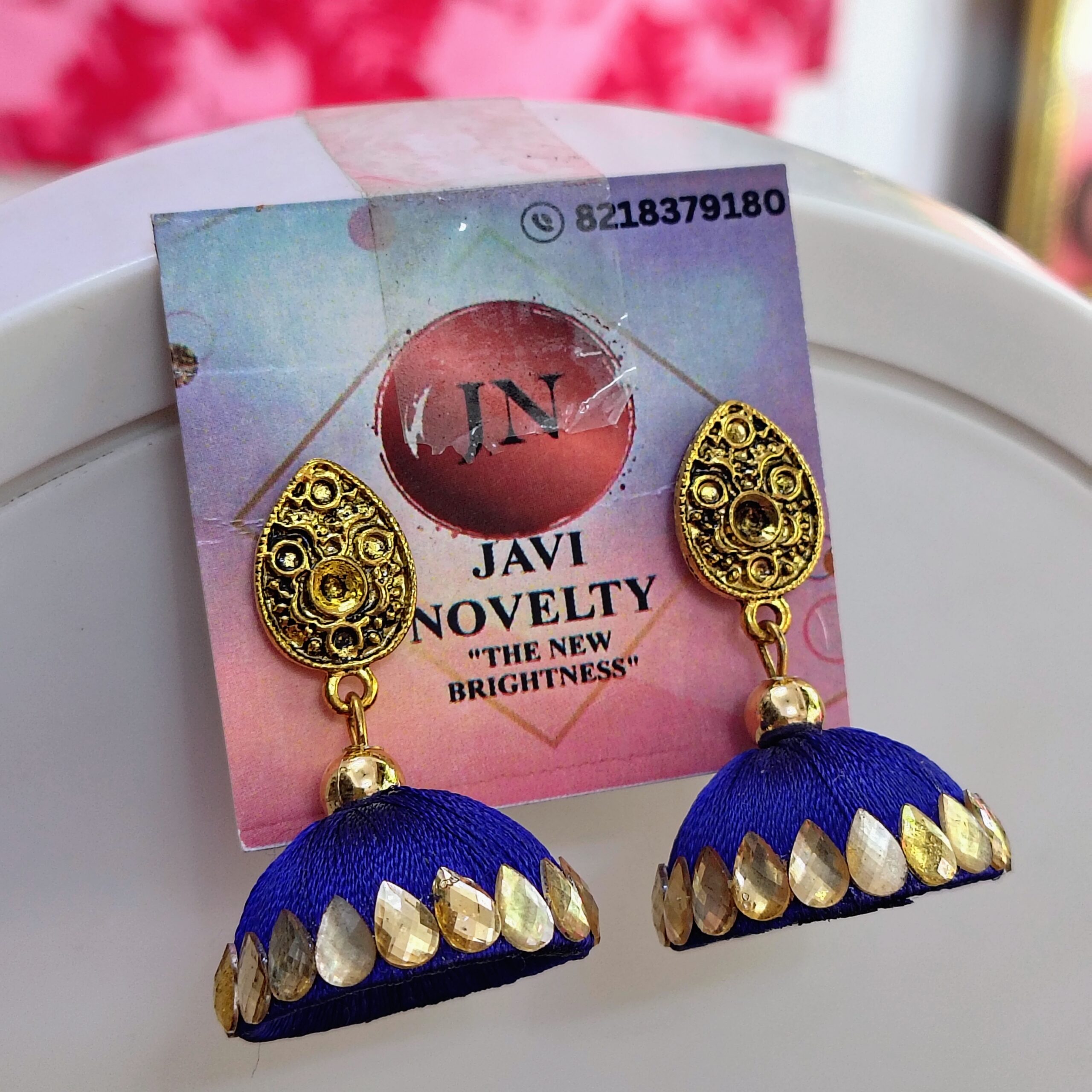 Royal Blue Silk Thread Jhumka Earrings with Ornate Gold Studs & Teardrop Mirrors – Javi Novelty, handmade Bareilly Wale jhumke