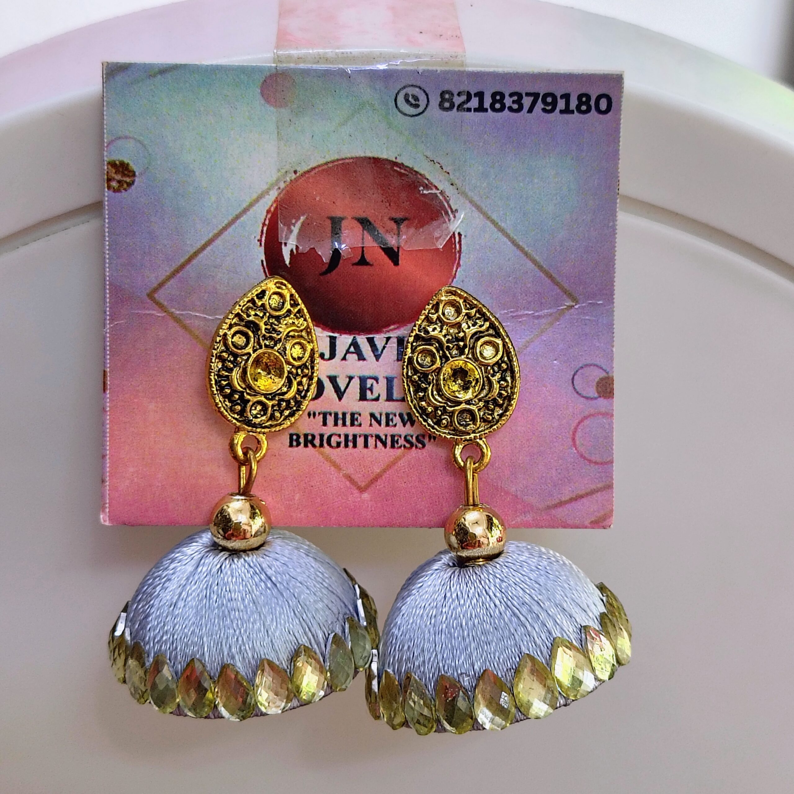 Royal Blue Silk Thread Jhumka Earrings with Ornate Gold Studs & Teardrop Mirrors – Javi Novelty, handmade Bareilly Wale jhumke - Image 2