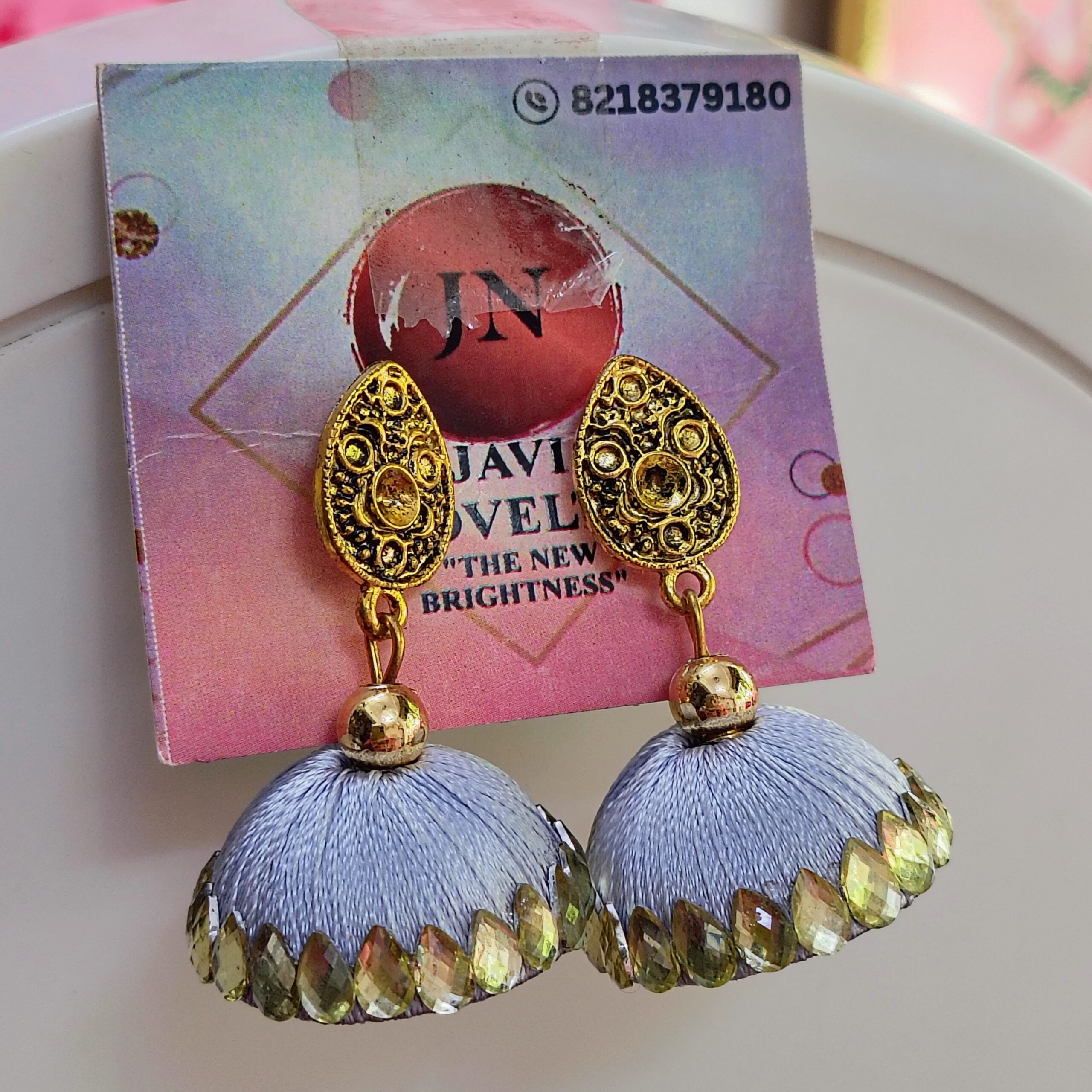 Royal Blue Silk Thread Jhumka Earrings with Ornate Gold Studs & Teardrop Mirrors – Javi Novelty, handmade Bareilly Wale jhumke - Image 4