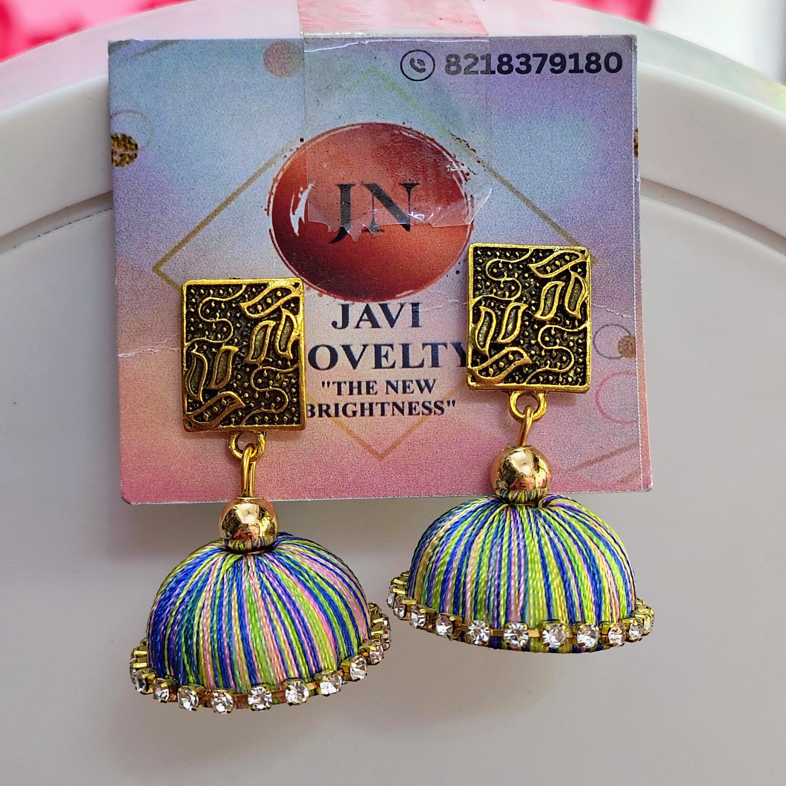 Vibrant Multicolor Silk Thread Jhumka Earrings with Antique Gold Square Studs – Javi Novelty - Image 3