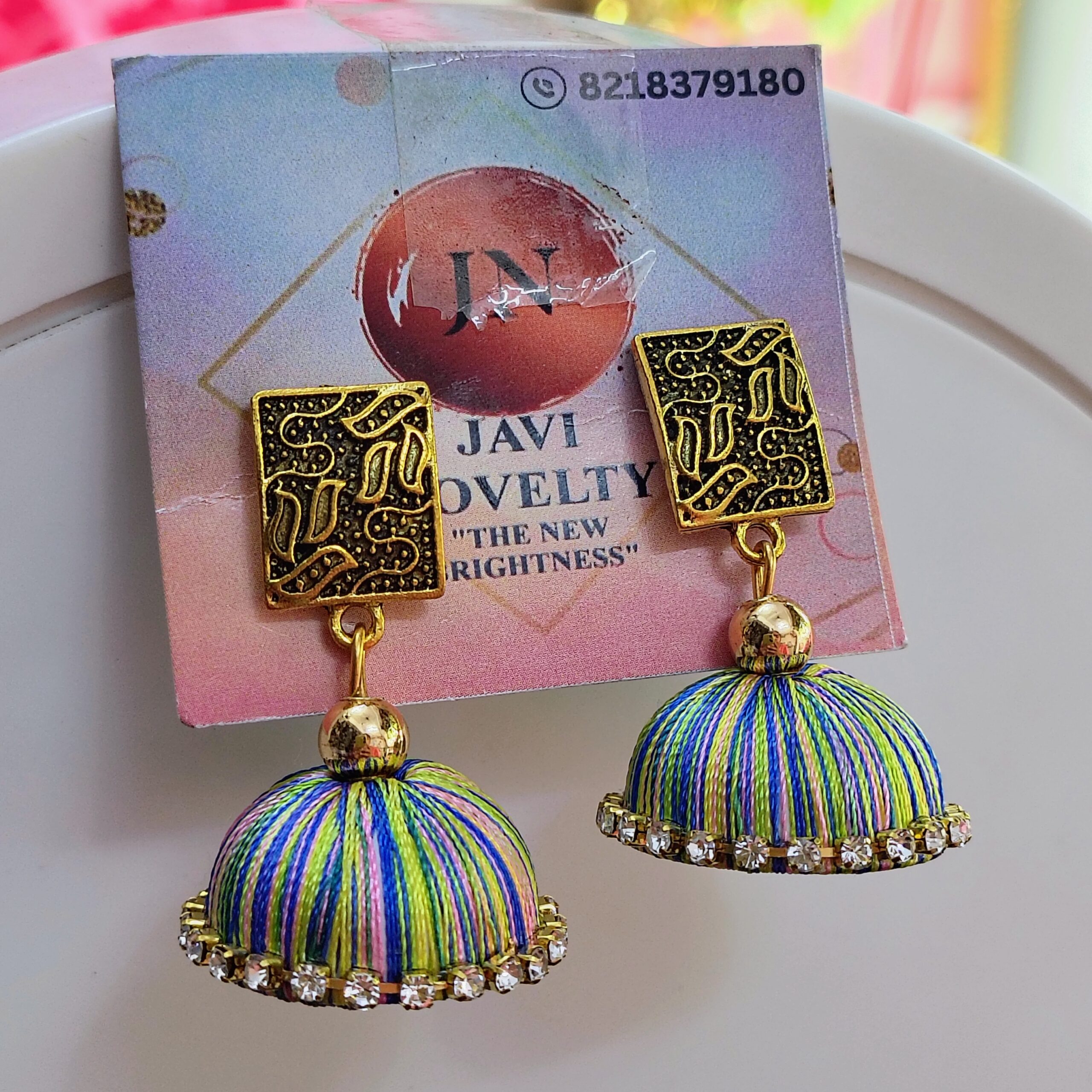 Vibrant Multicolor Silk Thread Jhumka Earrings with Antique Gold Square Studs – Javi Novelty