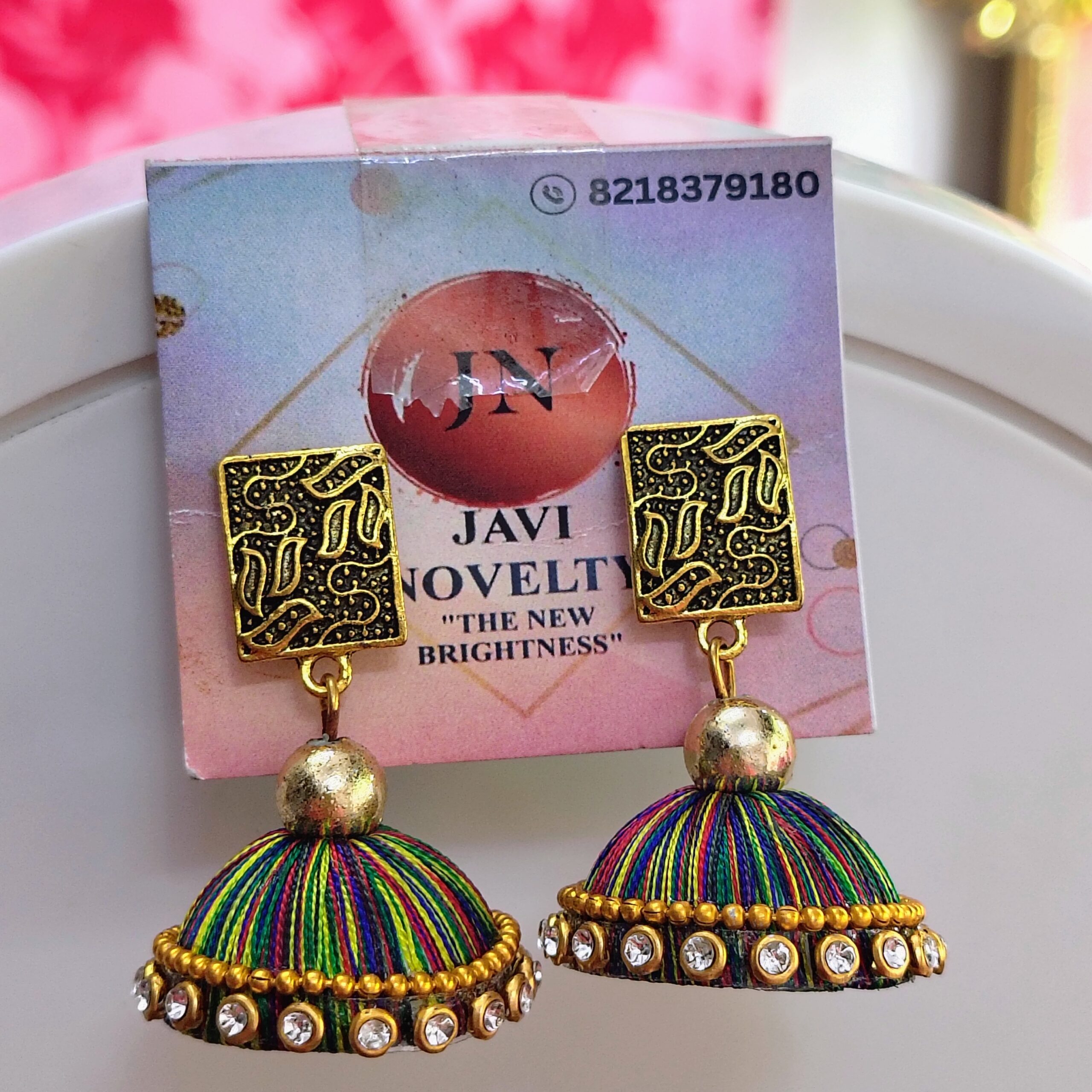 Vibrant Multicolor Silk Thread Jhumka Earrings with Antique Gold Square Studs – Javi Novelty - Image 2