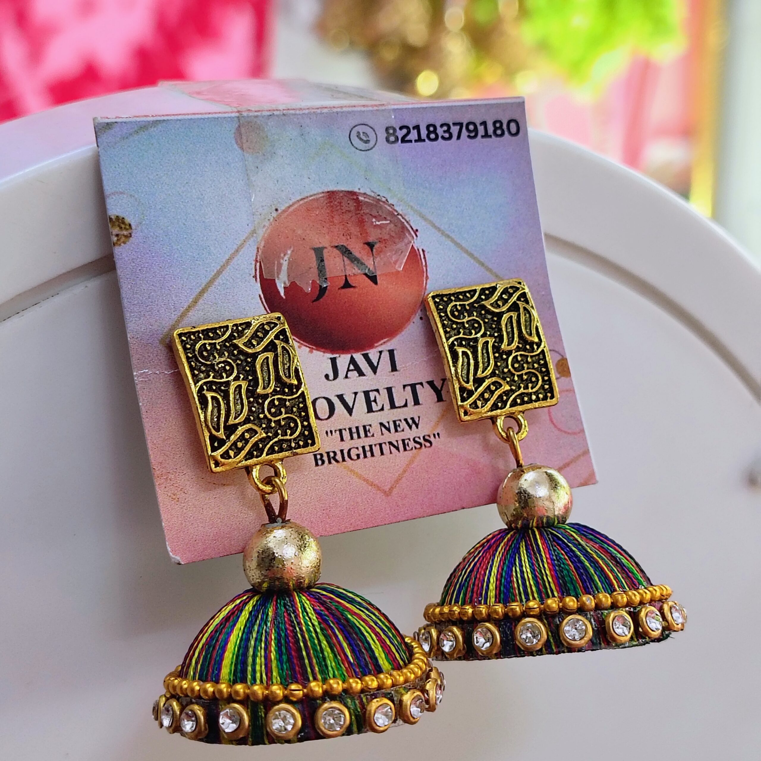 Vibrant Multicolor Silk Thread Jhumka Earrings with Antique Gold Square Studs – Javi Novelty - Image 4