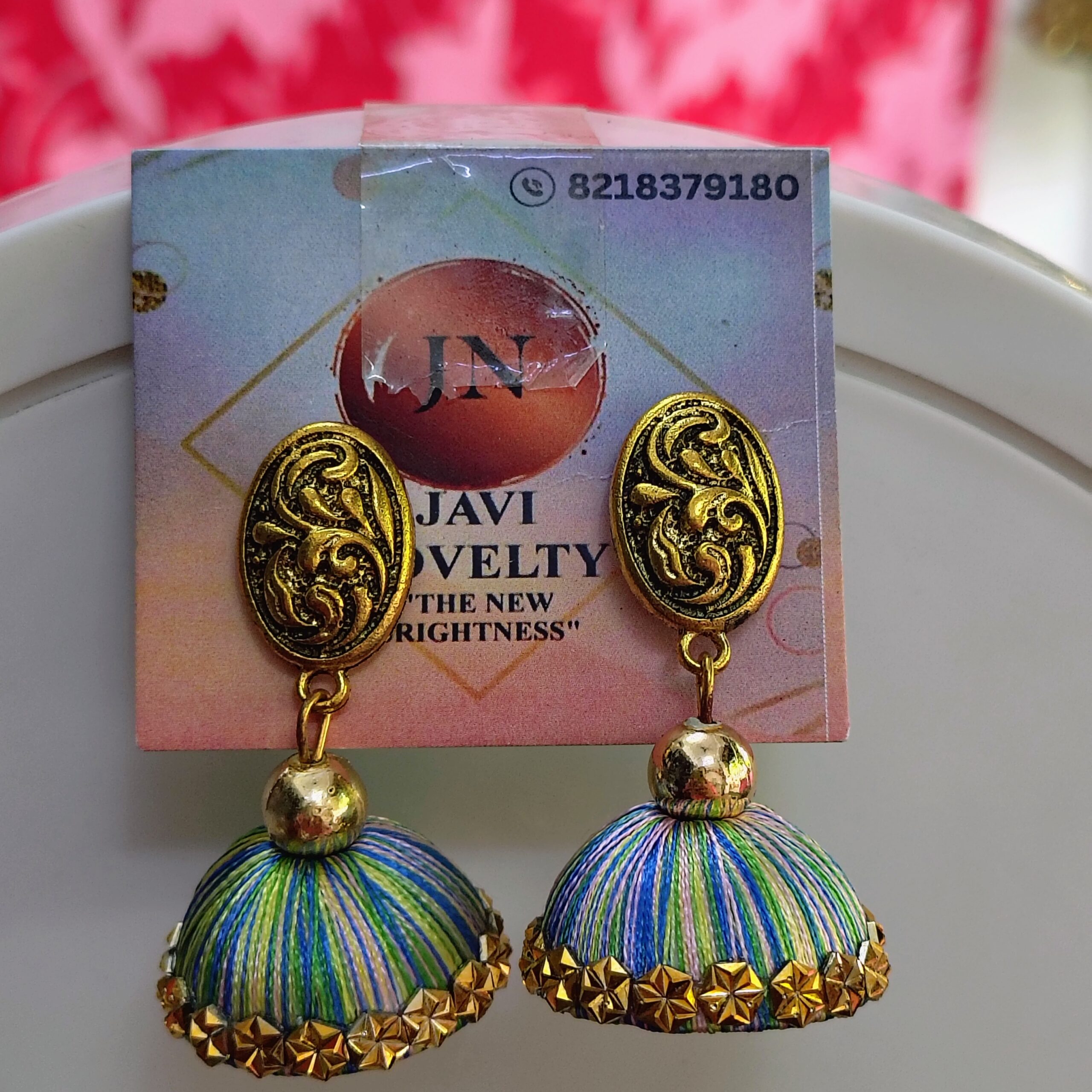 Royal Blue & Green Silk Thread Jhumka Earrings with Ornate Gold Studs – Javi Novelties - Image 2