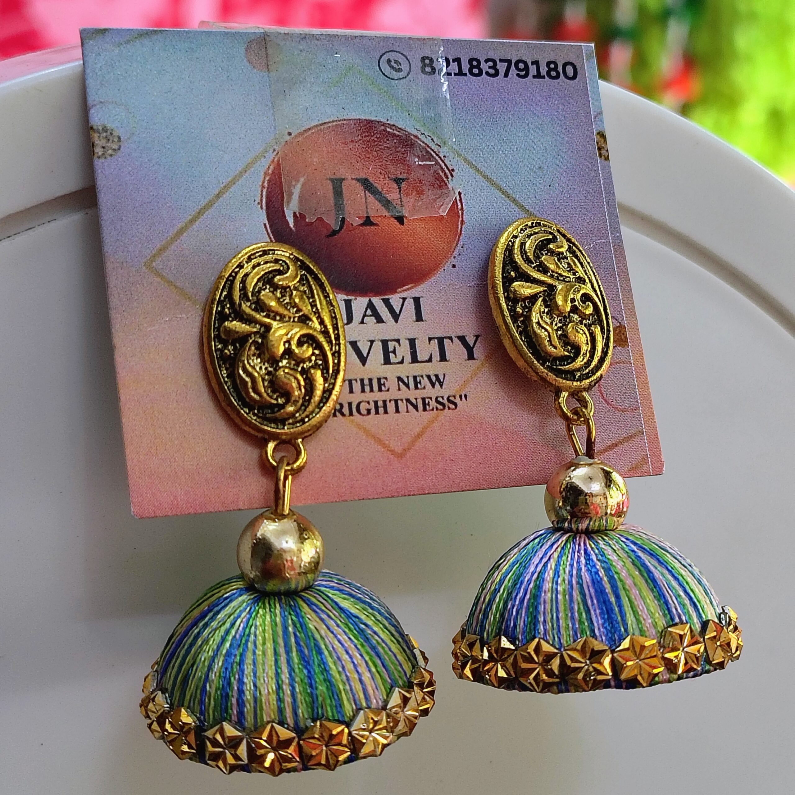 Royal Blue & Green Silk Thread Jhumka Earrings with Ornate Gold Studs – Javi Novelties