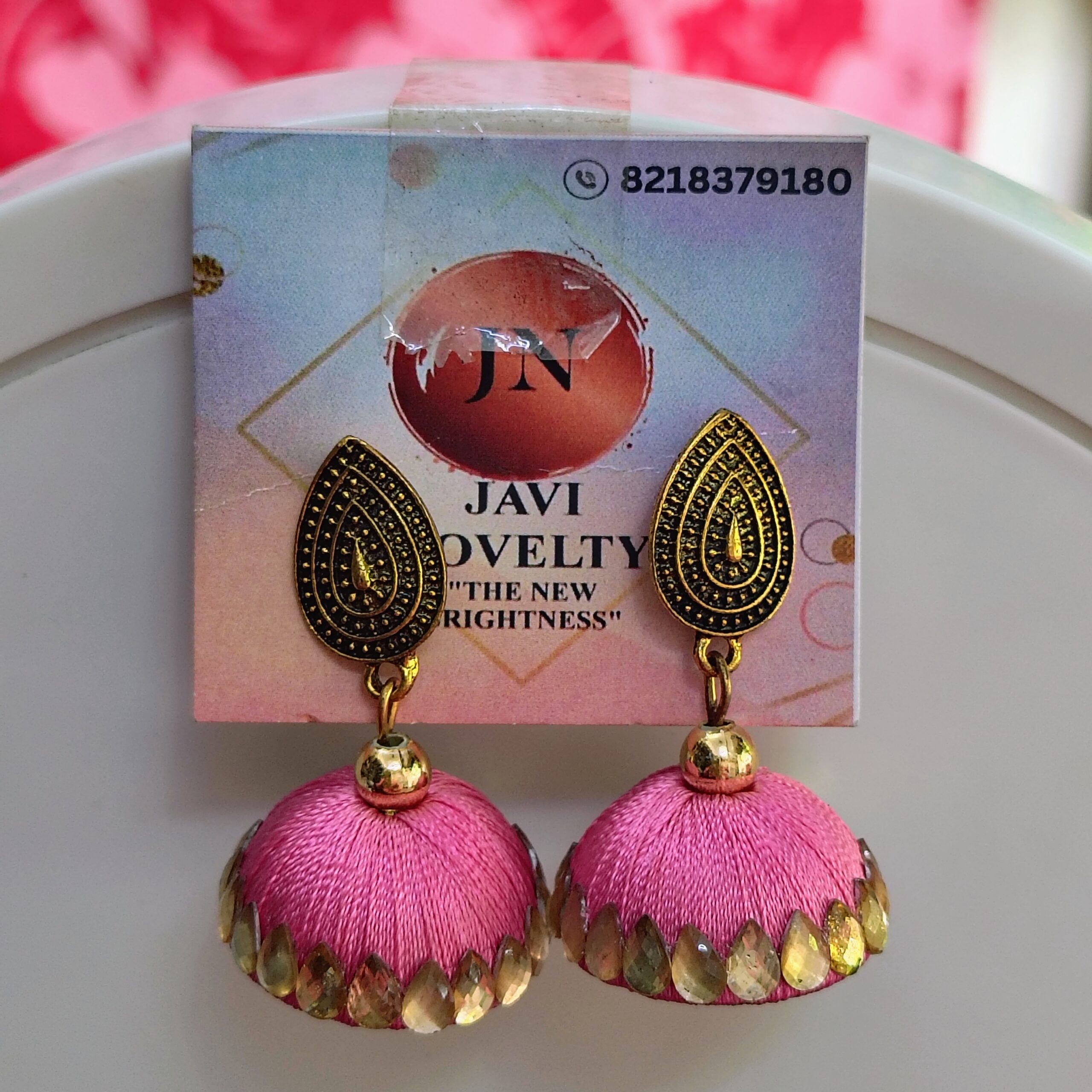 Pink Silk Thread Jhumka Earrings with Antique Gold Detailing – Javi Novelty, handmade Bareilly Wale jhumke