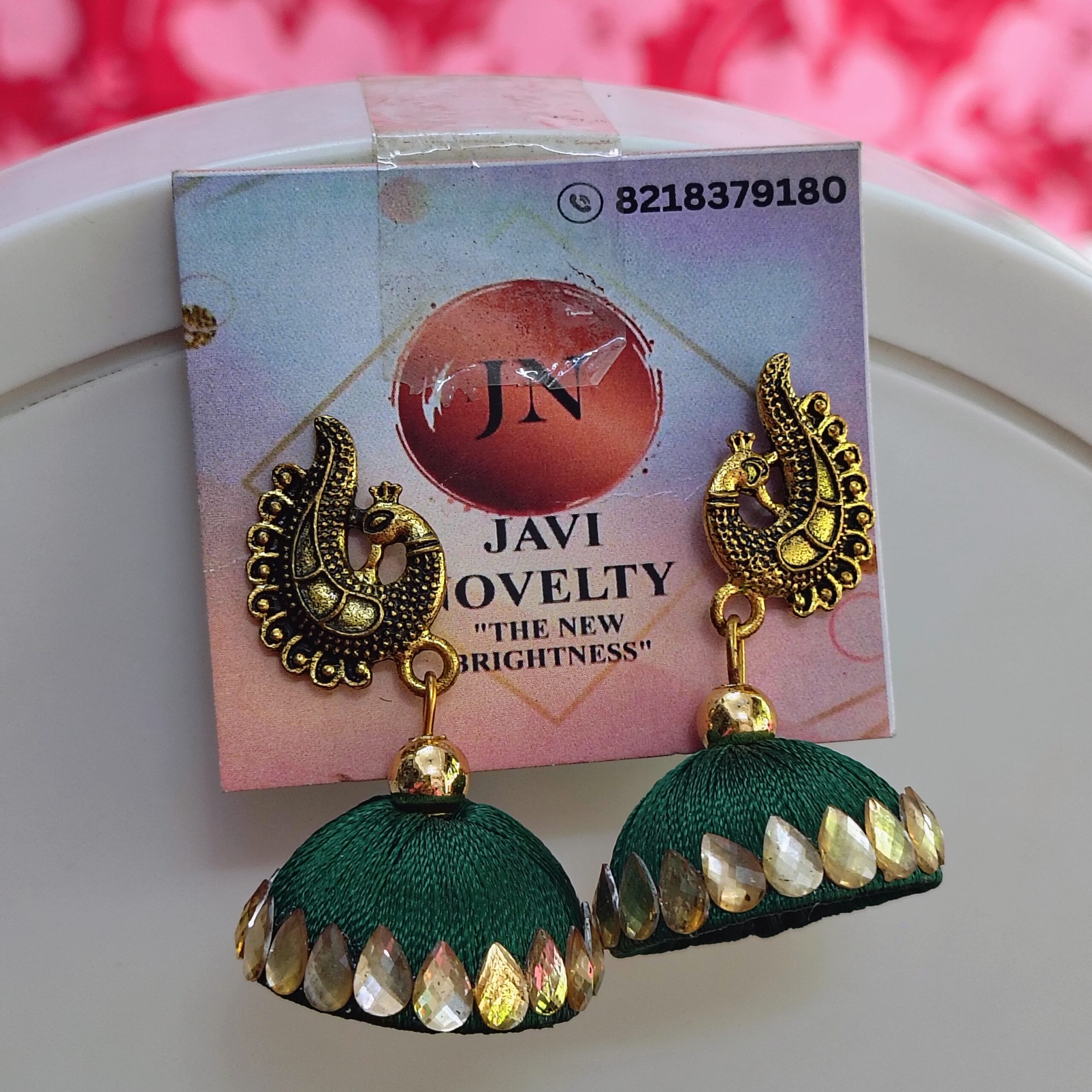 Green Silk Thread Jhumka Earrings with Antique Gold Peacock Top & Crystal Border – Javi Novelty, handmade Bareilly Wale jhumke - Image 2