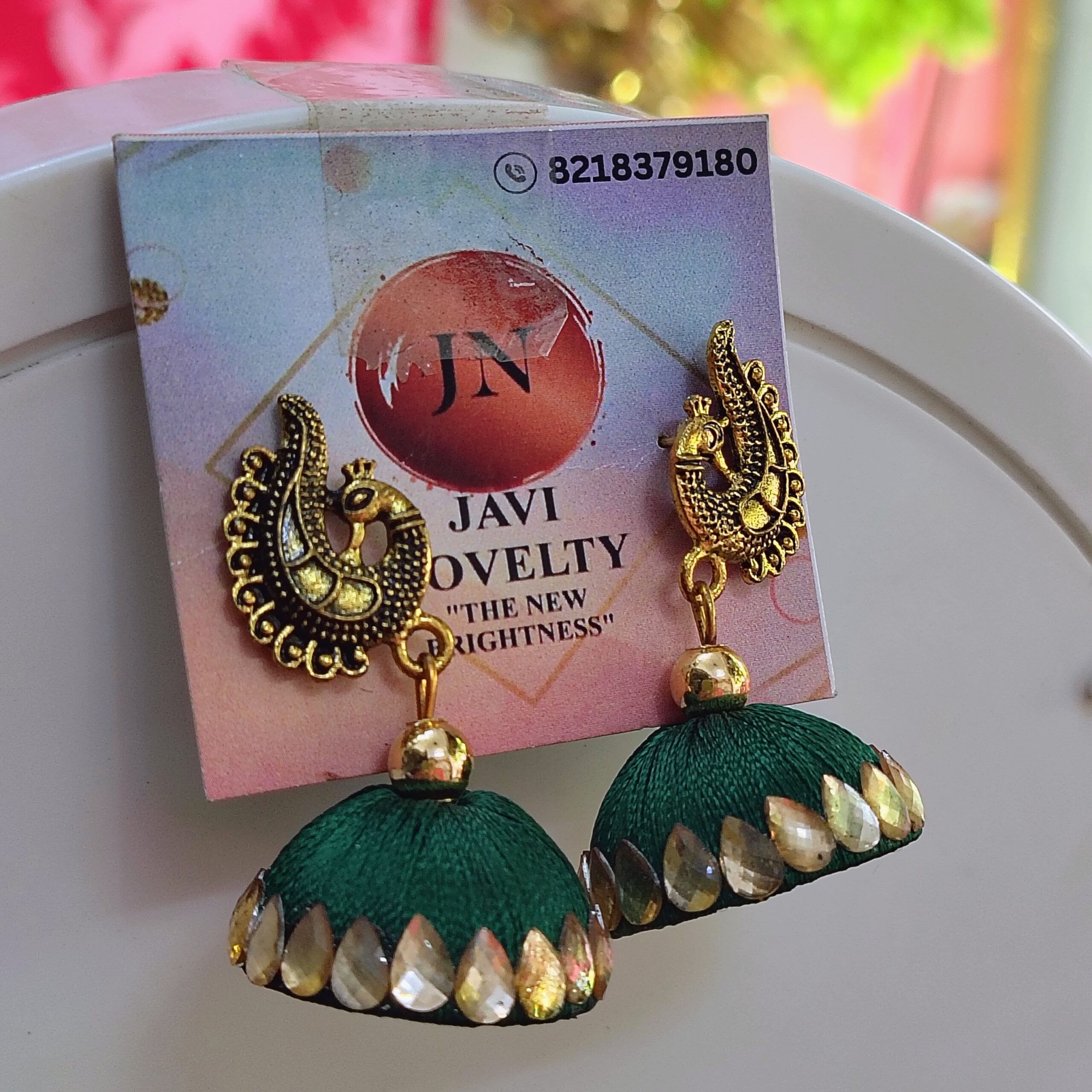 Green Silk Thread Jhumka Earrings with Antique Gold Peacock Top & Crystal Border – Javi Novelty, handmade Bareilly Wale jhumke