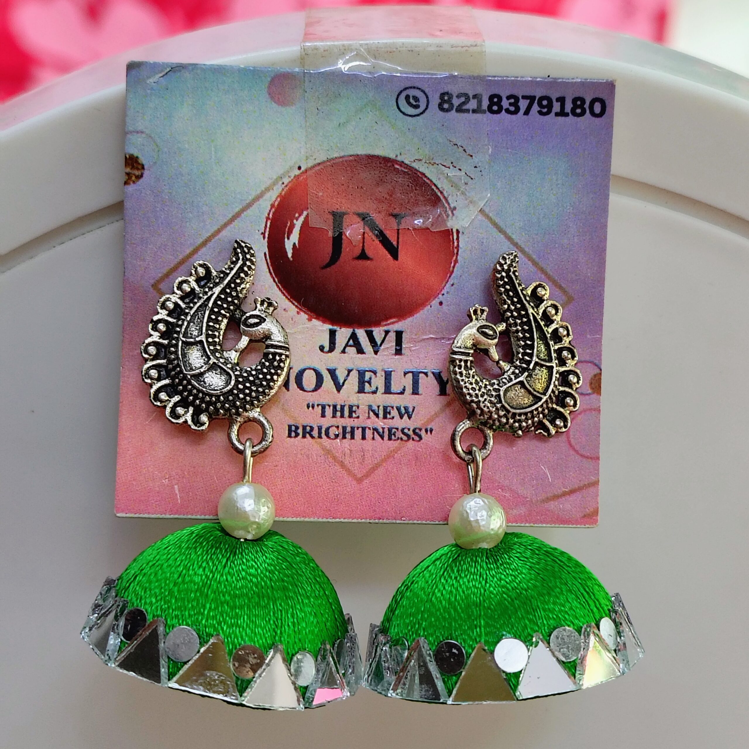 Traditional Green shade Silk Thread Jhumka Earrings with Antique Peacock Motif – Javi Novelty, Handmade Bareilly wale jhumke - Image 2
