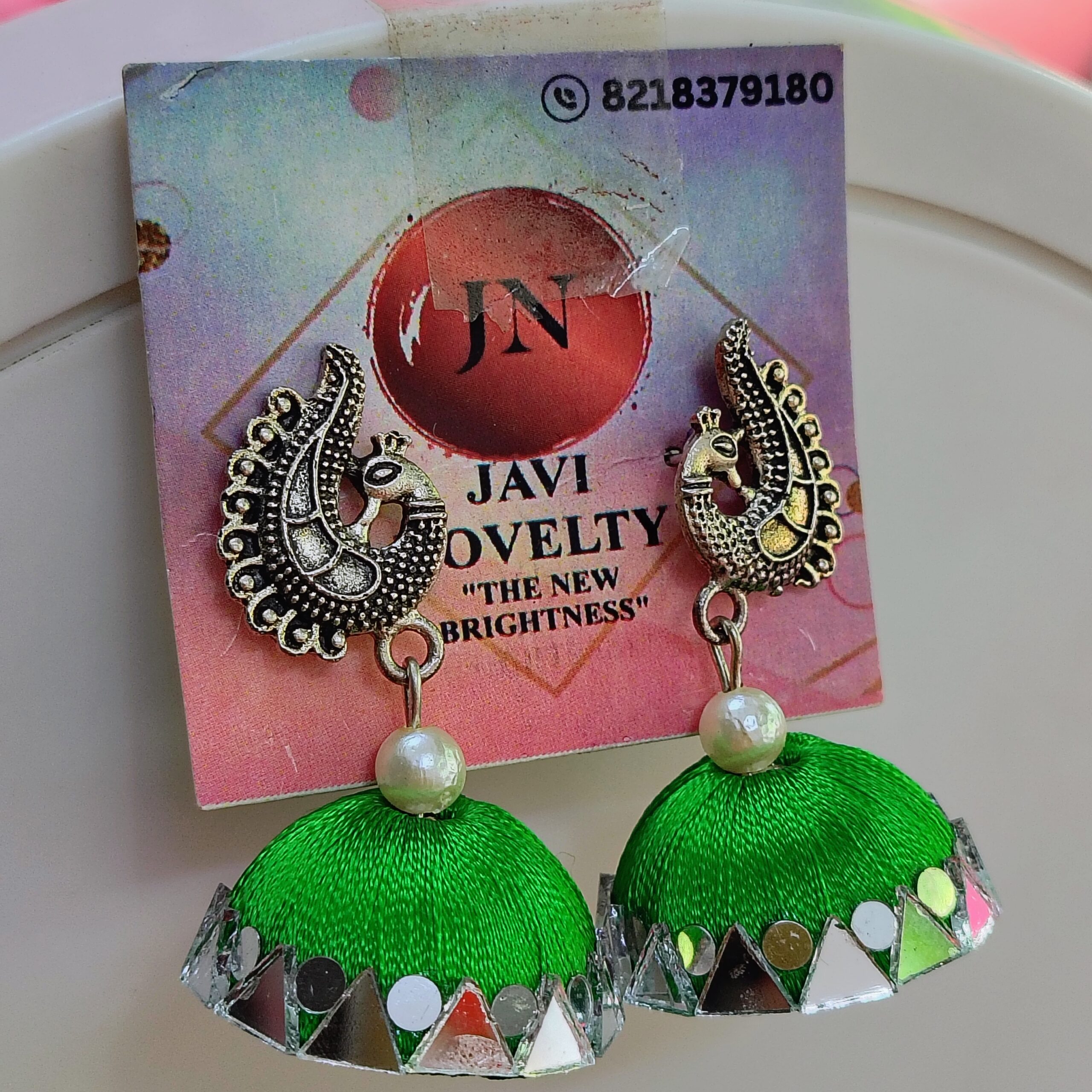 Traditional Green shade Silk Thread Jhumka Earrings with Antique Peacock Motif – Javi Novelty, Handmade Bareilly wale jhumke - Image 5
