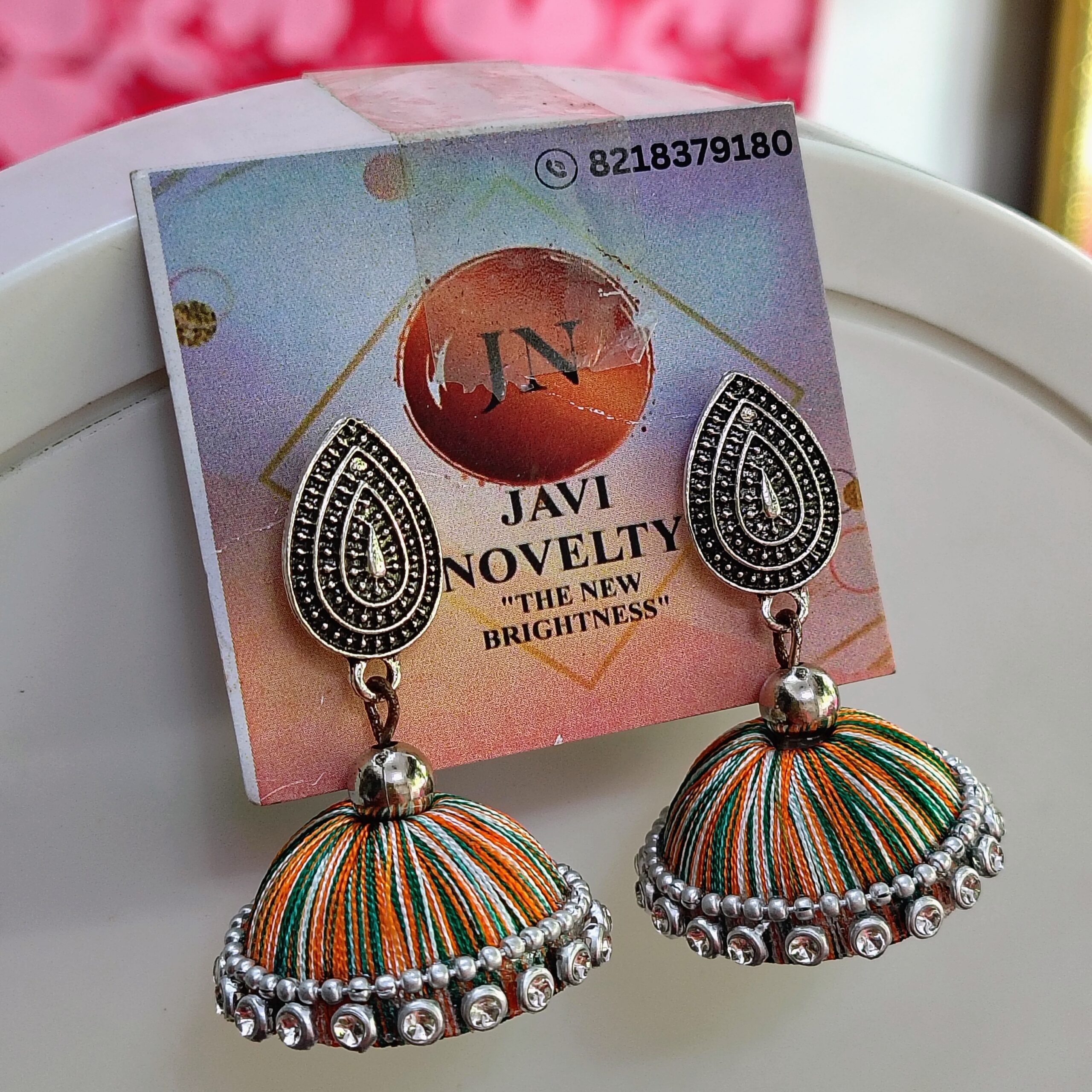 Multicolor Silk Thread Jhumka Earrings with Antique Gold Teardrop Top – Javi Novelty, handmade Bareilly Wale jhumke - Image 2