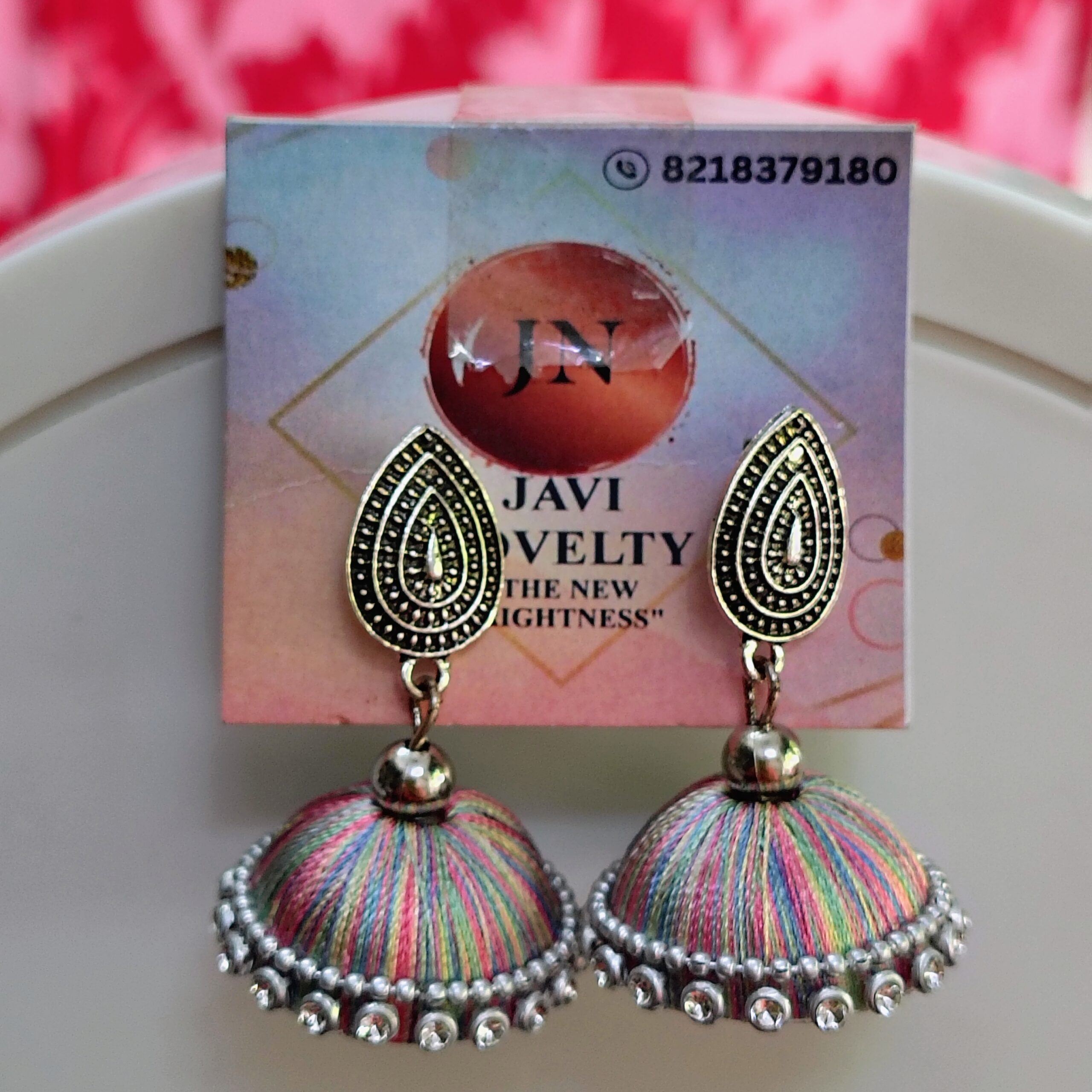 Multicolor Silk Thread Jhumka Earrings with Antique Gold Teardrop Top – Javi Novelty, handmade Bareilly Wale jhumke - Image 3