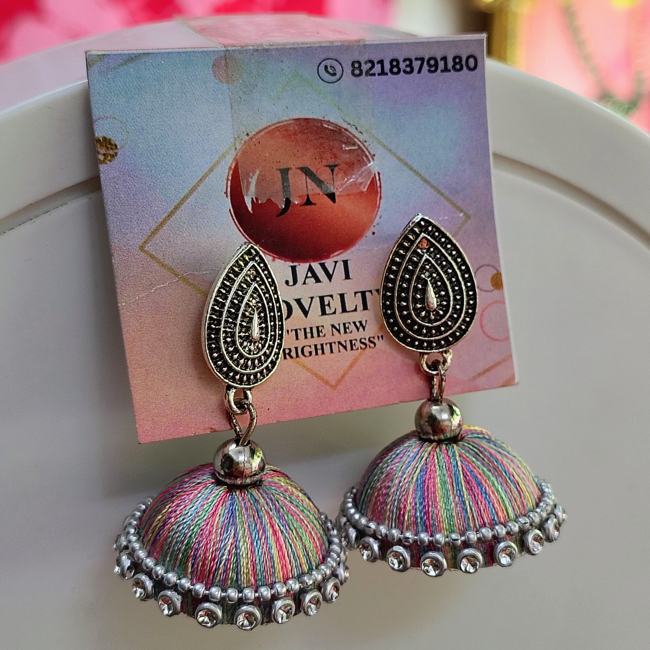 Multicolor Silk Thread Jhumka Earrings with Antique Gold Teardrop Top – Javi Novelty, handmade Bareilly Wale jhumke