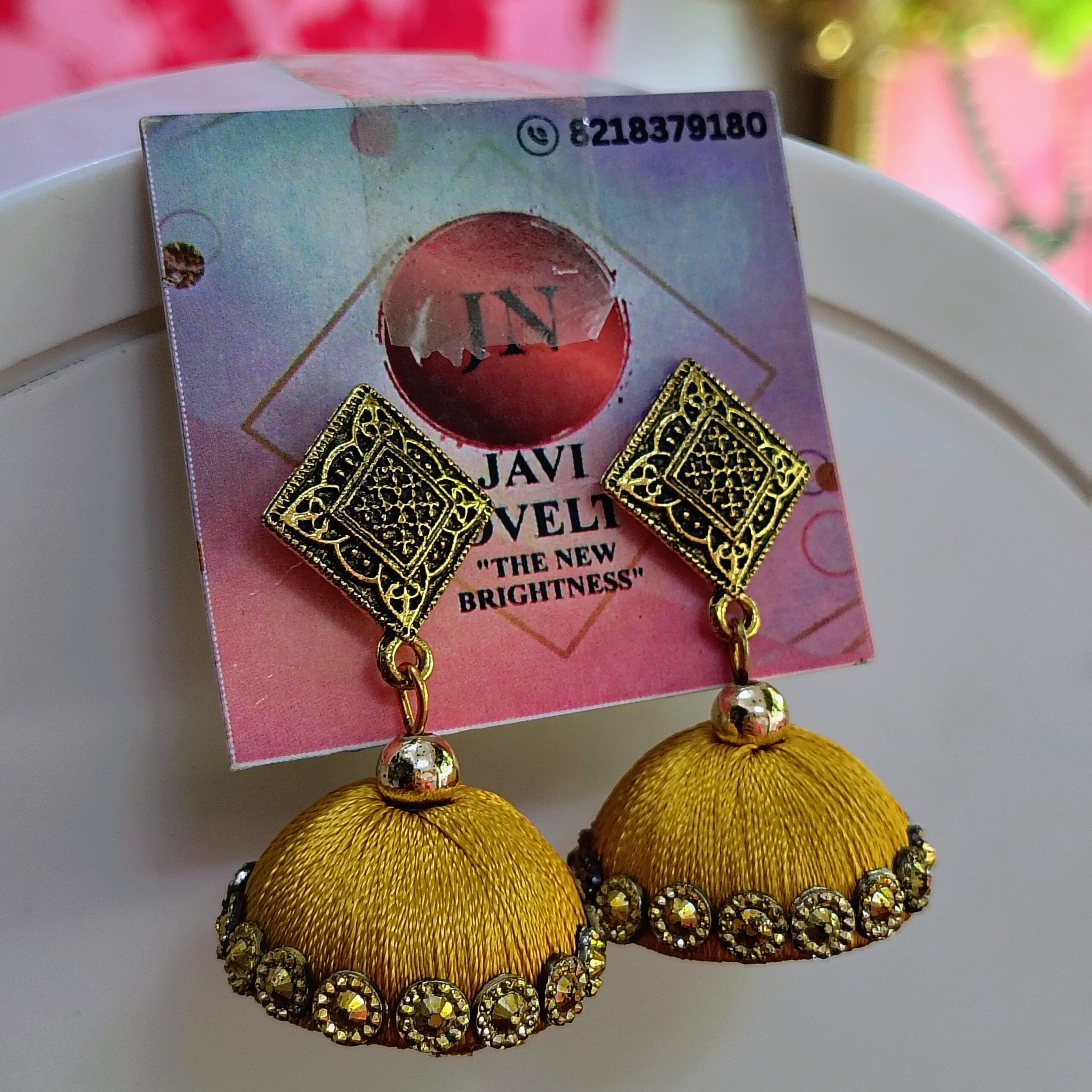 Handcrafted Golden Silk Thread Jhumka Earrings – Javi Novelties - Image 4