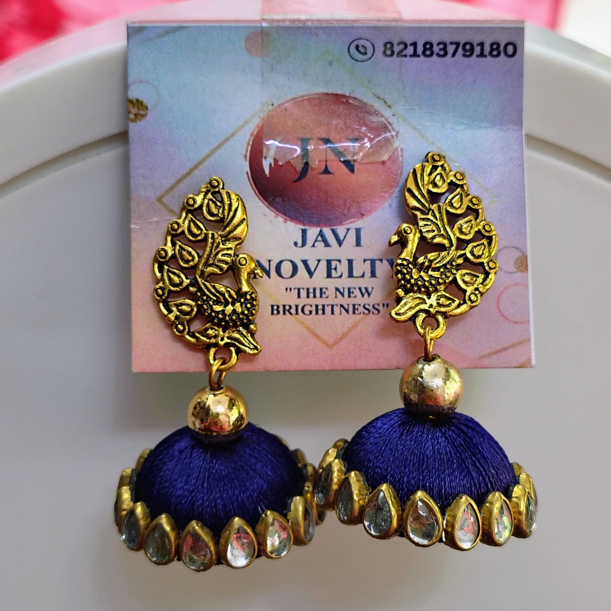 Royal Blue Silk Thread Jhumka Earrings with Antique Gold Peacock Motif & Stone Border – Javi Novelty, handmade Bareilly Wale jhumke
