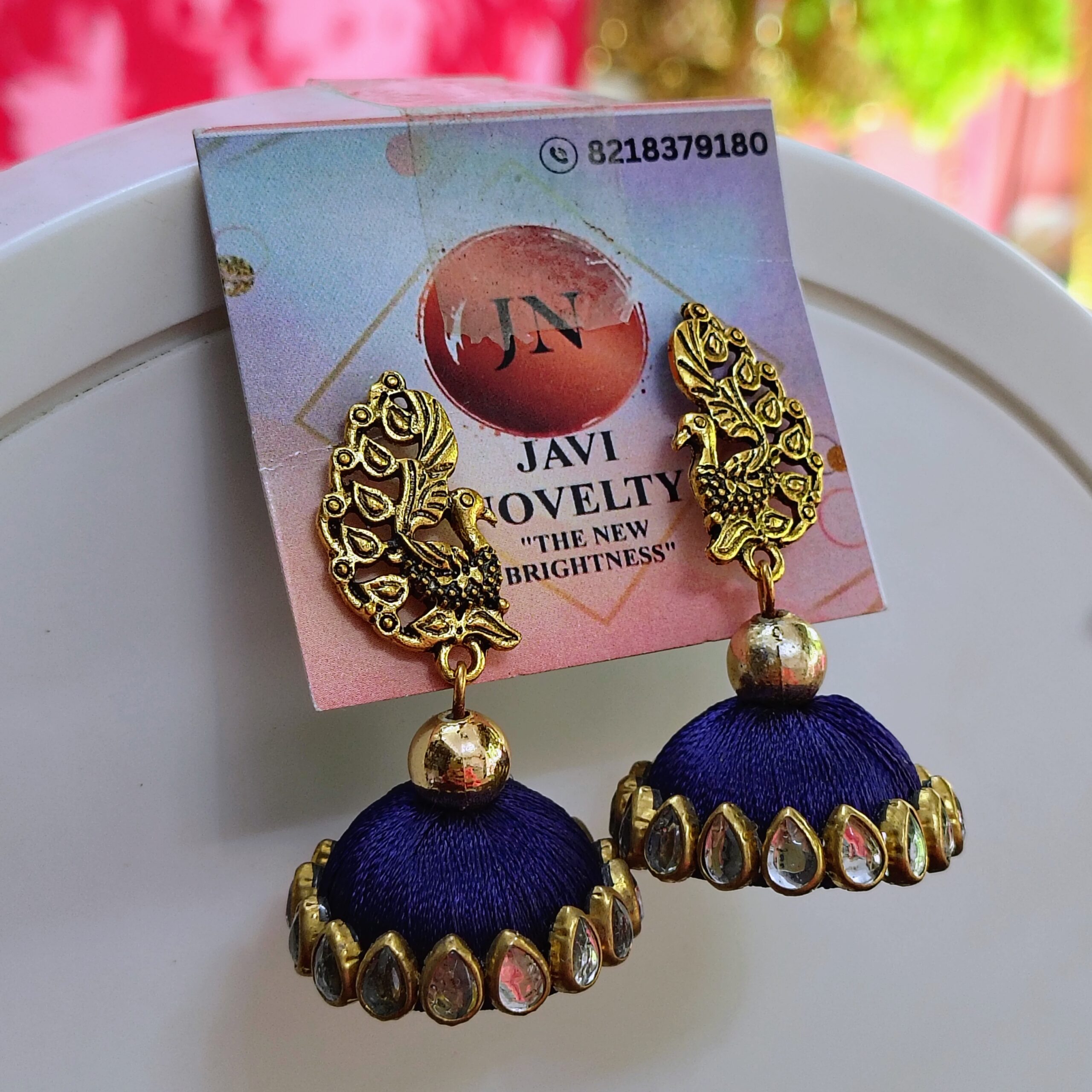 Royal Blue Silk Thread Jhumka Earrings with Antique Gold Peacock Motif & Stone Border – Javi Novelty, handmade Bareilly Wale jhumke - Image 2