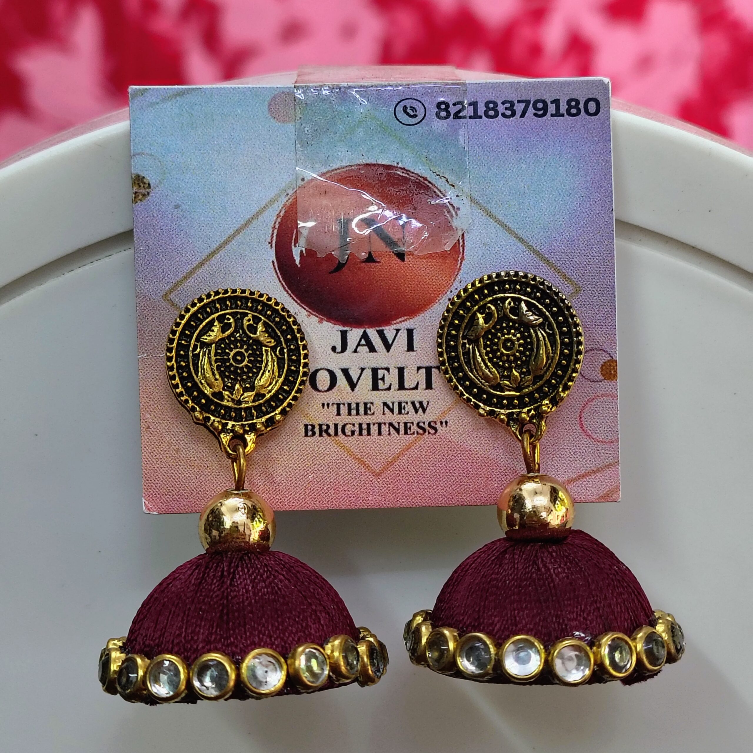 Maroon Silk Thread Jhumka Earrings with Antique Gold Stud – Designer Indian Ethnic Jewelry by Javi Novelty, handmade Bareilly Wale jhumke - Image 4