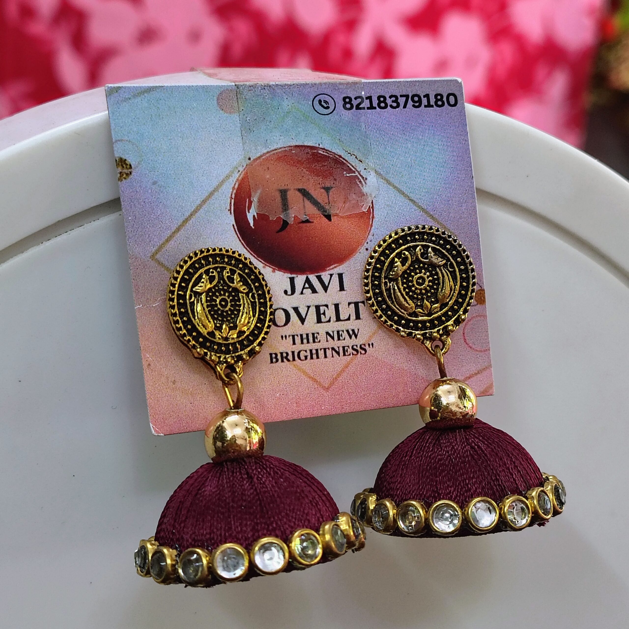 Maroon Silk Thread Jhumka Earrings with Antique Gold Stud – Designer Indian Ethnic Jewelry by Javi Novelty, handmade Bareilly Wale jhumke - Image 2