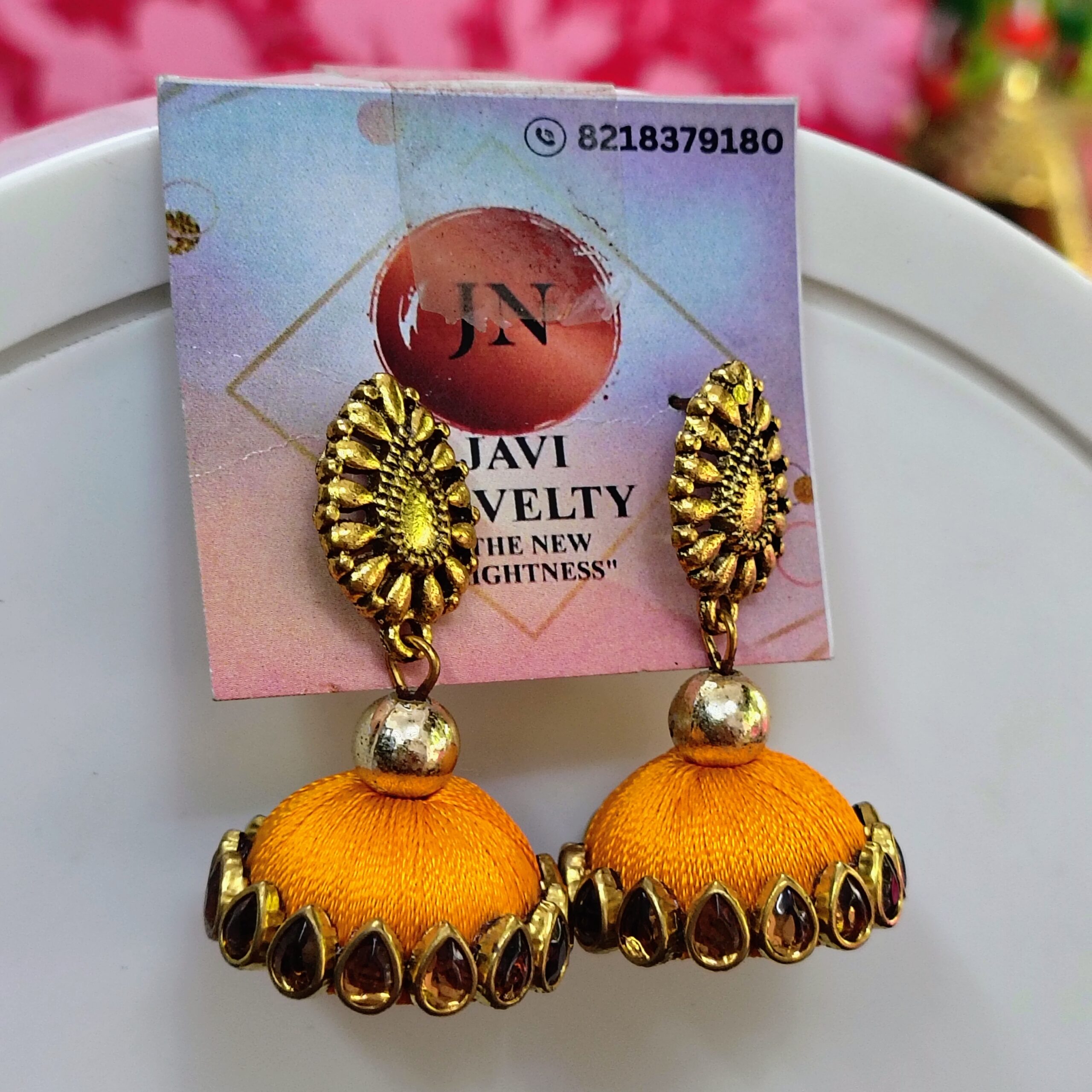 Orangish Yellow Silk Thread Jhumka Earrings with Gold Accents – Designer Ethnic Jewelry by Javi Novelty, handmade Bareilly Wale jhumke