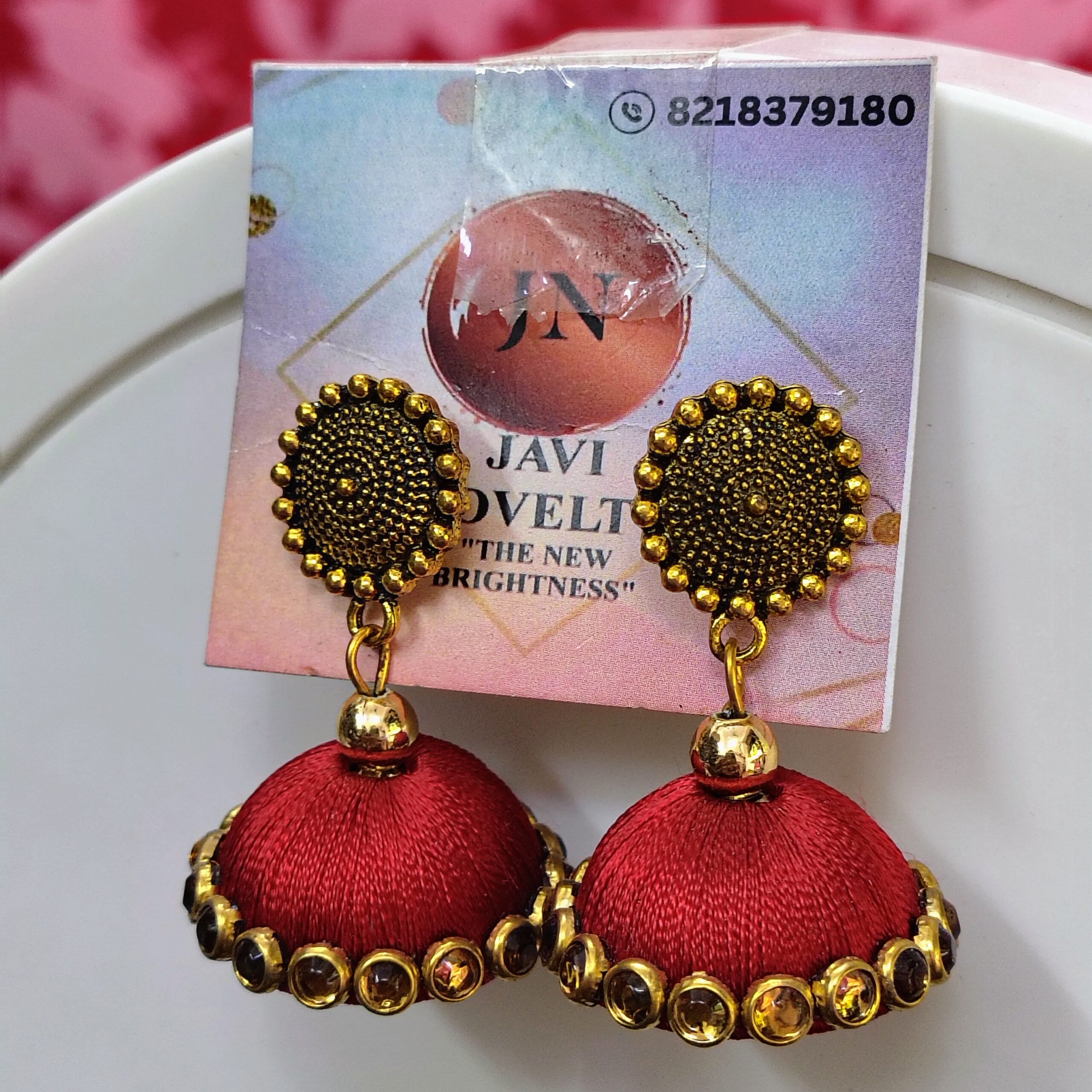 Maroon Silk Thread Jhumka Earrings with Antique Gold Finish – Designer Ethnic Earrings by Javi Novelty, handmade Bareilly Wale jhumke