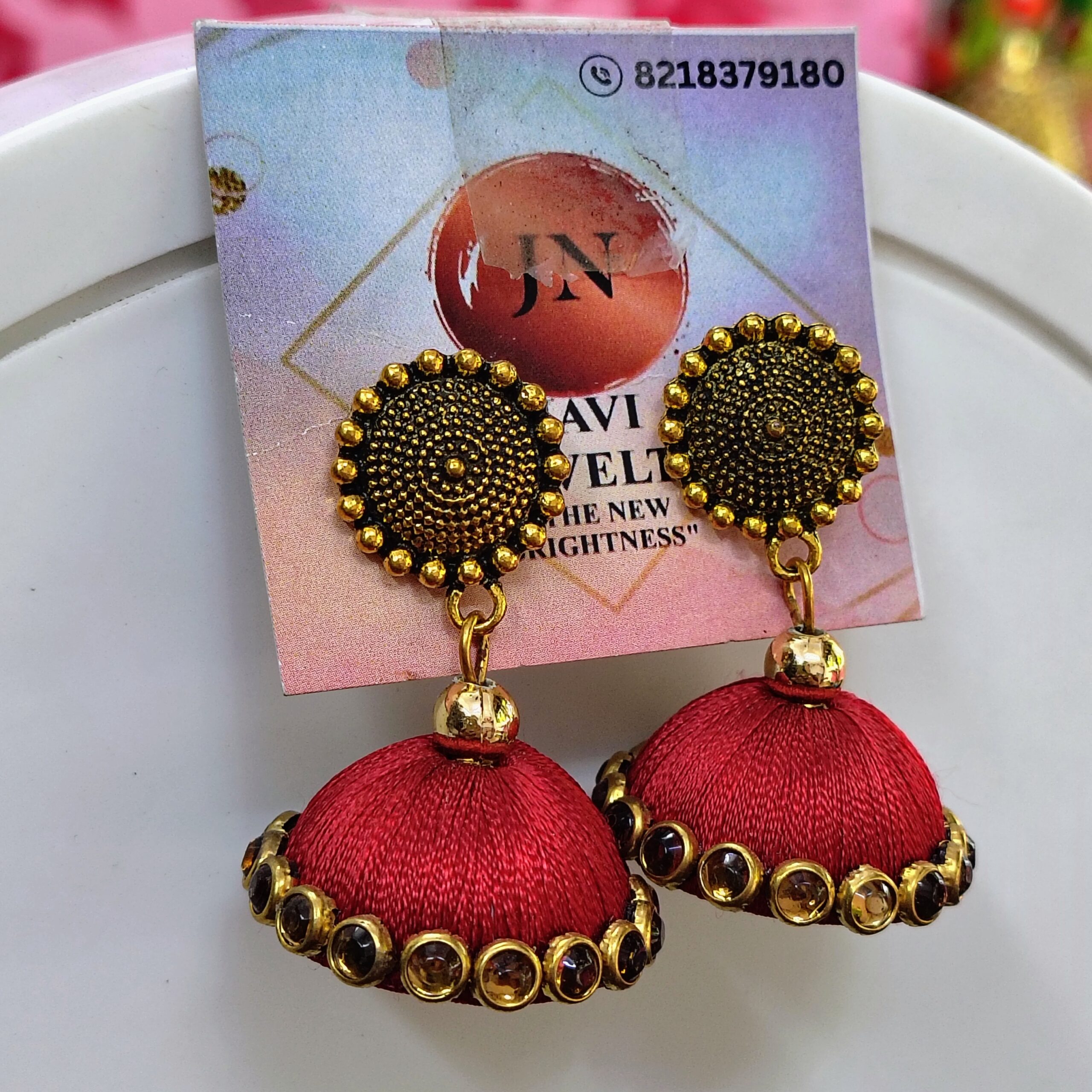 Maroon Silk Thread Jhumka Earrings with Antique Gold Finish – Designer Ethnic Earrings by Javi Novelty, handmade Bareilly Wale jhumke - Image 2