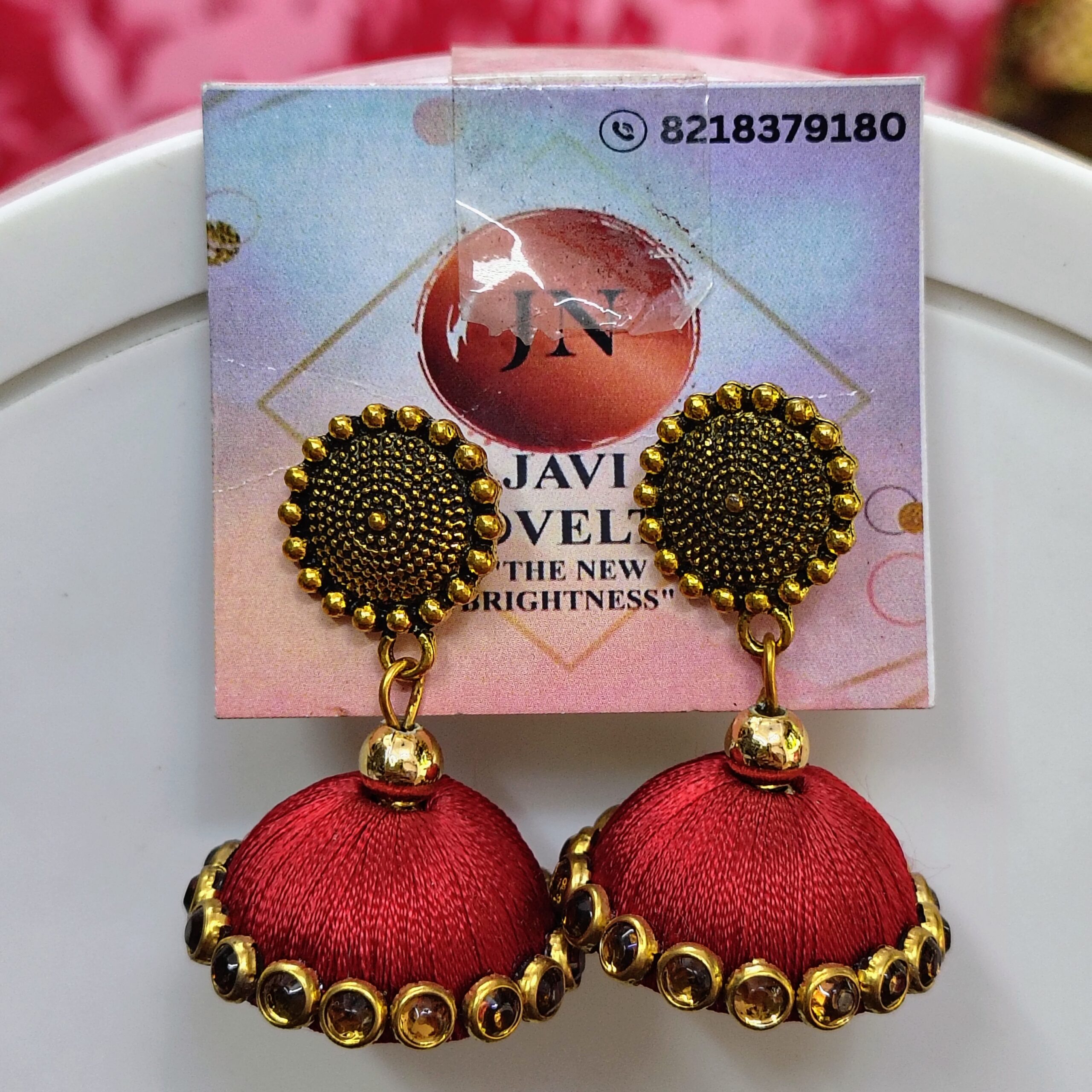 Maroon Silk Thread Jhumka Earrings with Antique Gold Finish – Designer Ethnic Earrings by Javi Novelty, handmade Bareilly Wale jhumke - Image 3